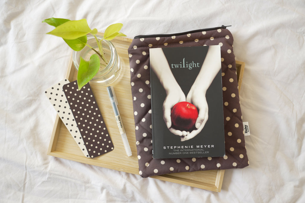 Quilted brown and yellow polka dot book sleeve