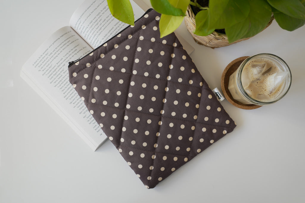 Quilted brown and yellow polka dot book sleeve