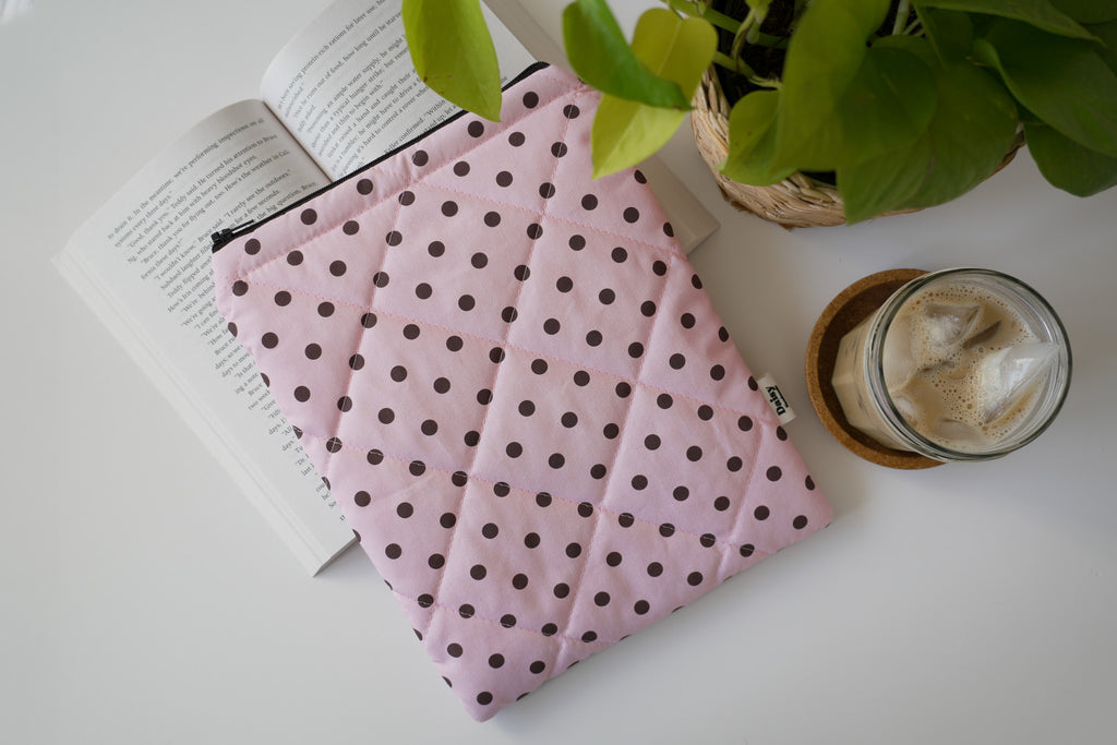 Quilted pink and brown polka dot book sleeve