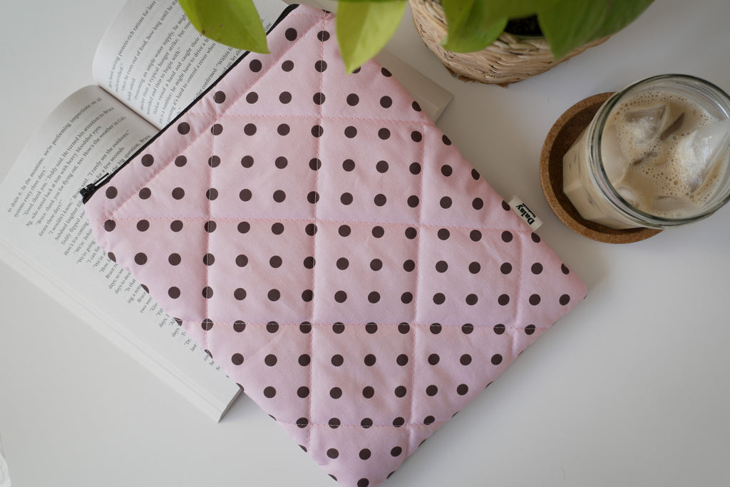 Quilted pink and brown polka dot book sleeve