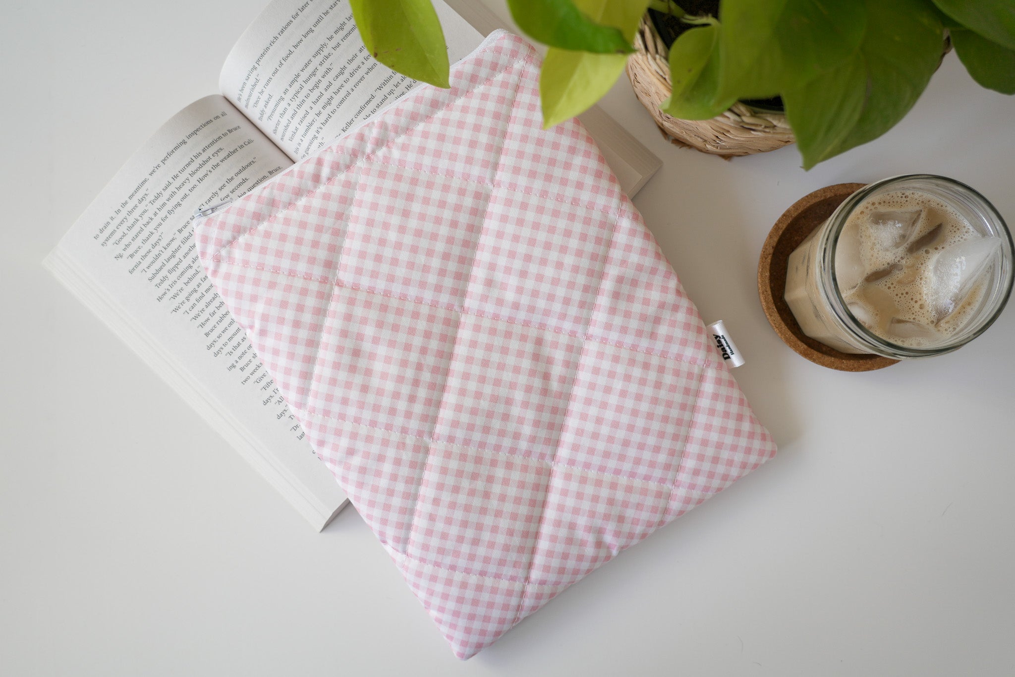 Quilted pink diagonal gingham book sleeve