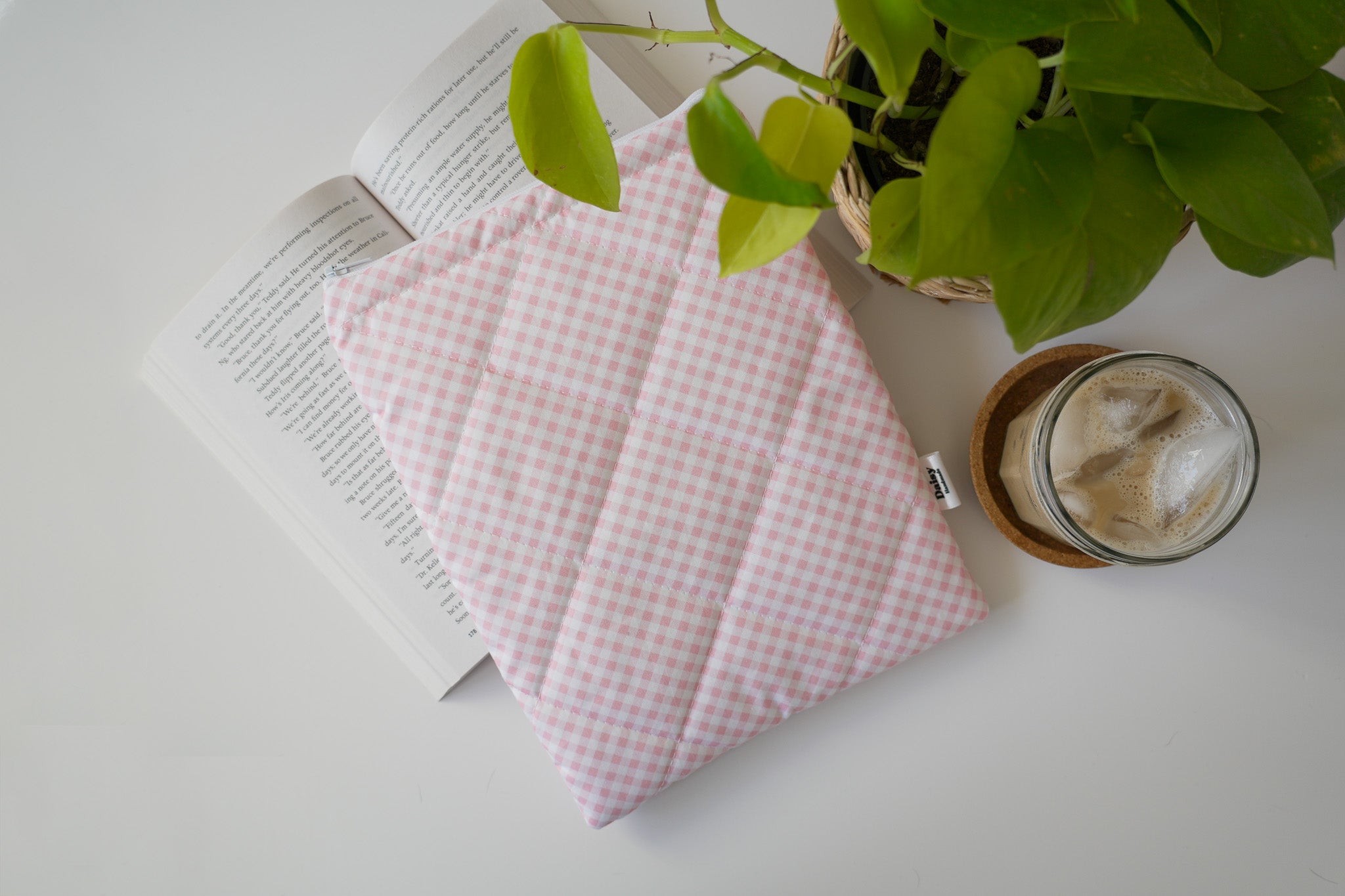 Quilted pink diagonal gingham book sleeve