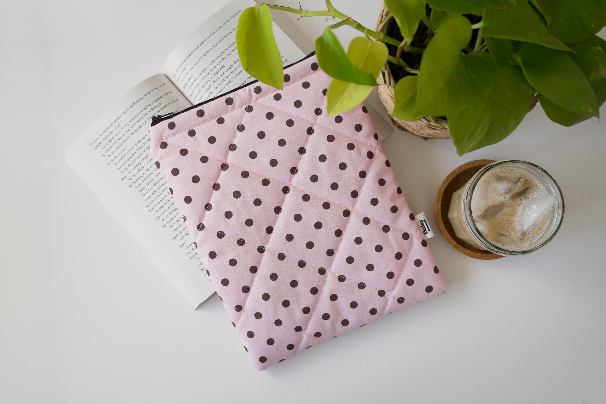 Quilted pink and brown polka dot book sleeve