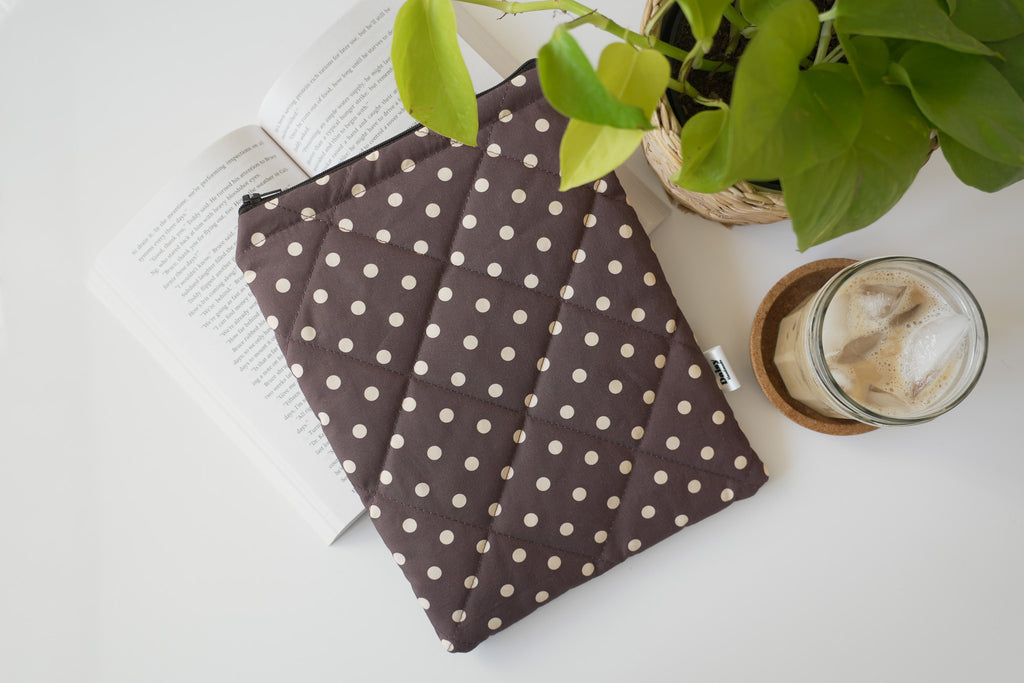 Quilted brown and yellow polka dot book sleeve