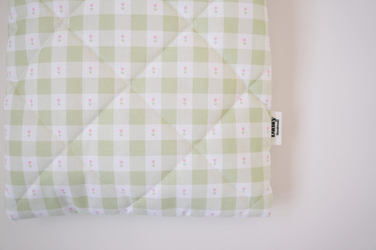 Quilted green gingham with tulips book sleeve