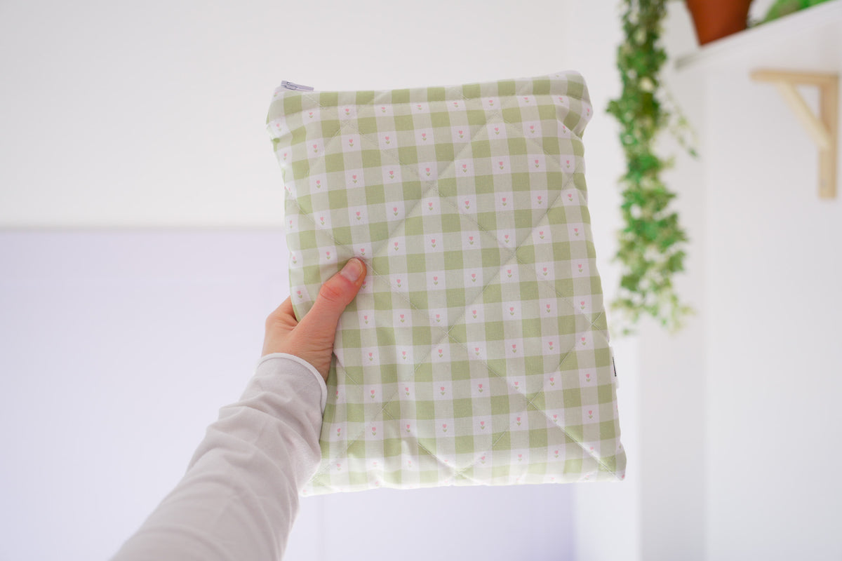 Quilted green gingham with tulips book sleeve
