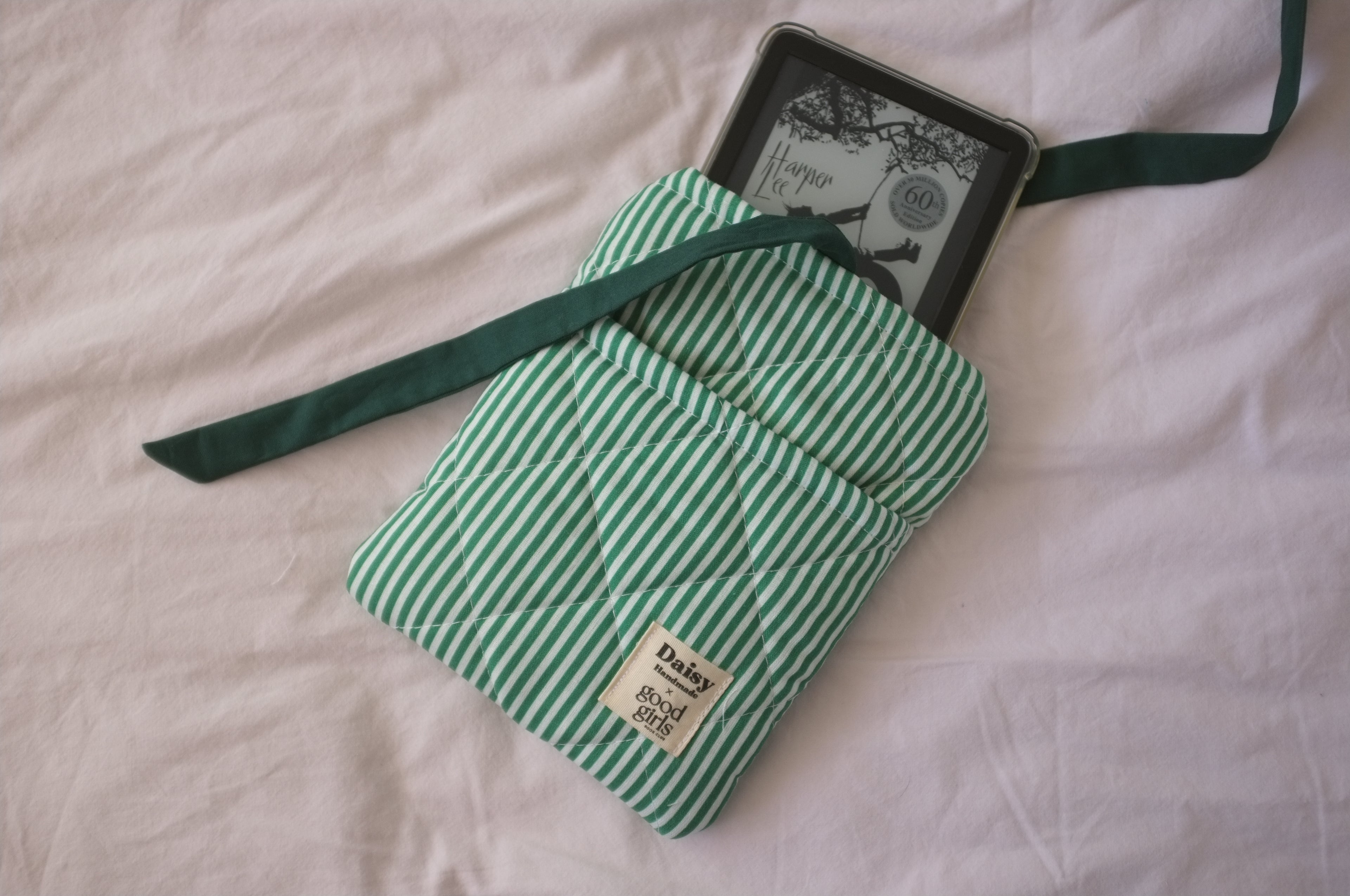 Green and White Striped eReader Case with Green Bow Closure
