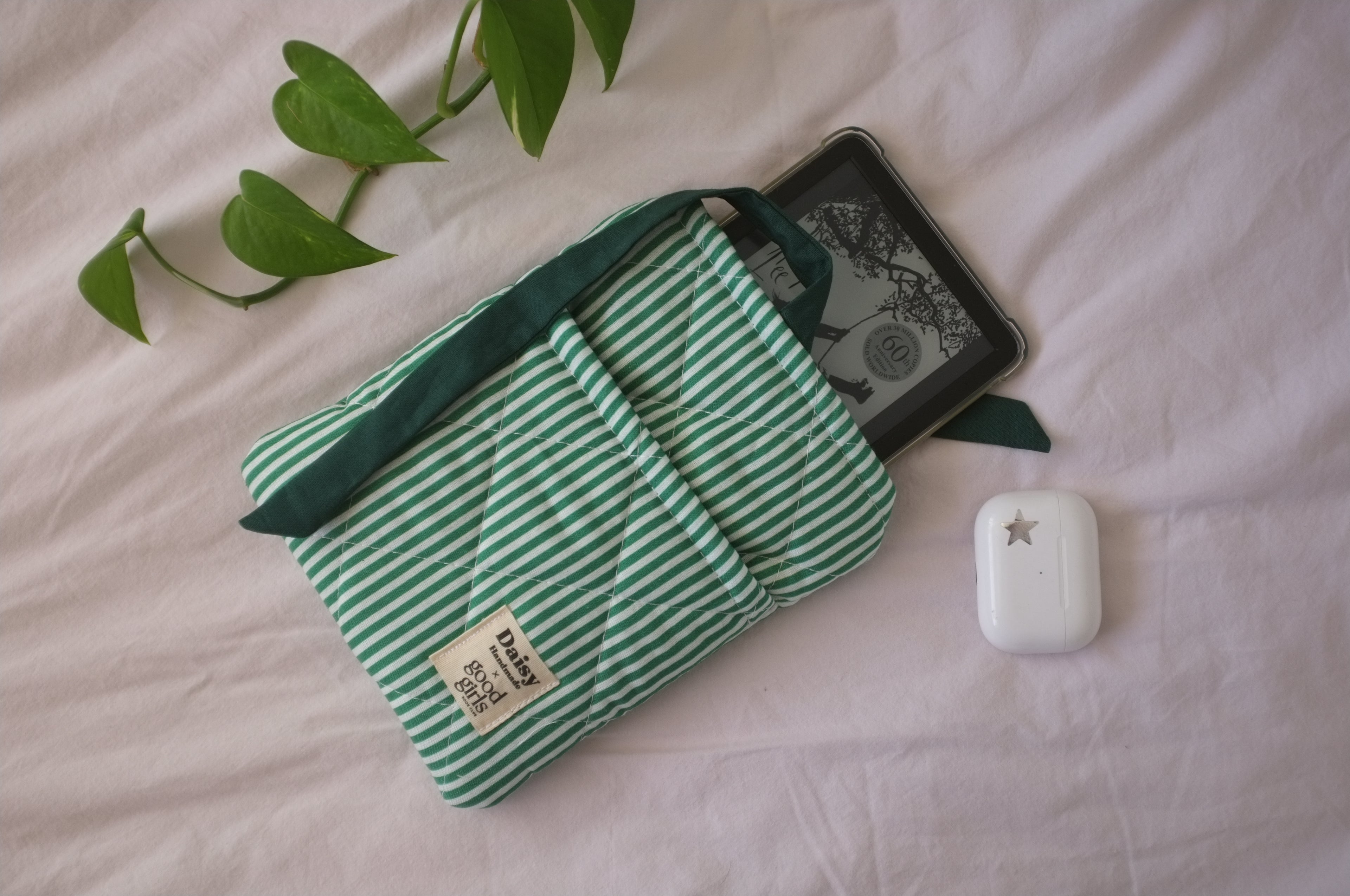 Green and White Striped eReader Case with Green Bow Closure