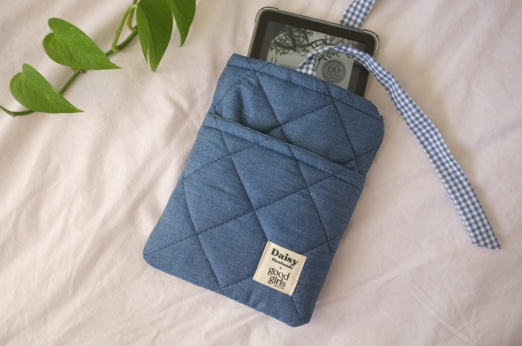 Blue Denim eReader Case with Gingham Bow Closure