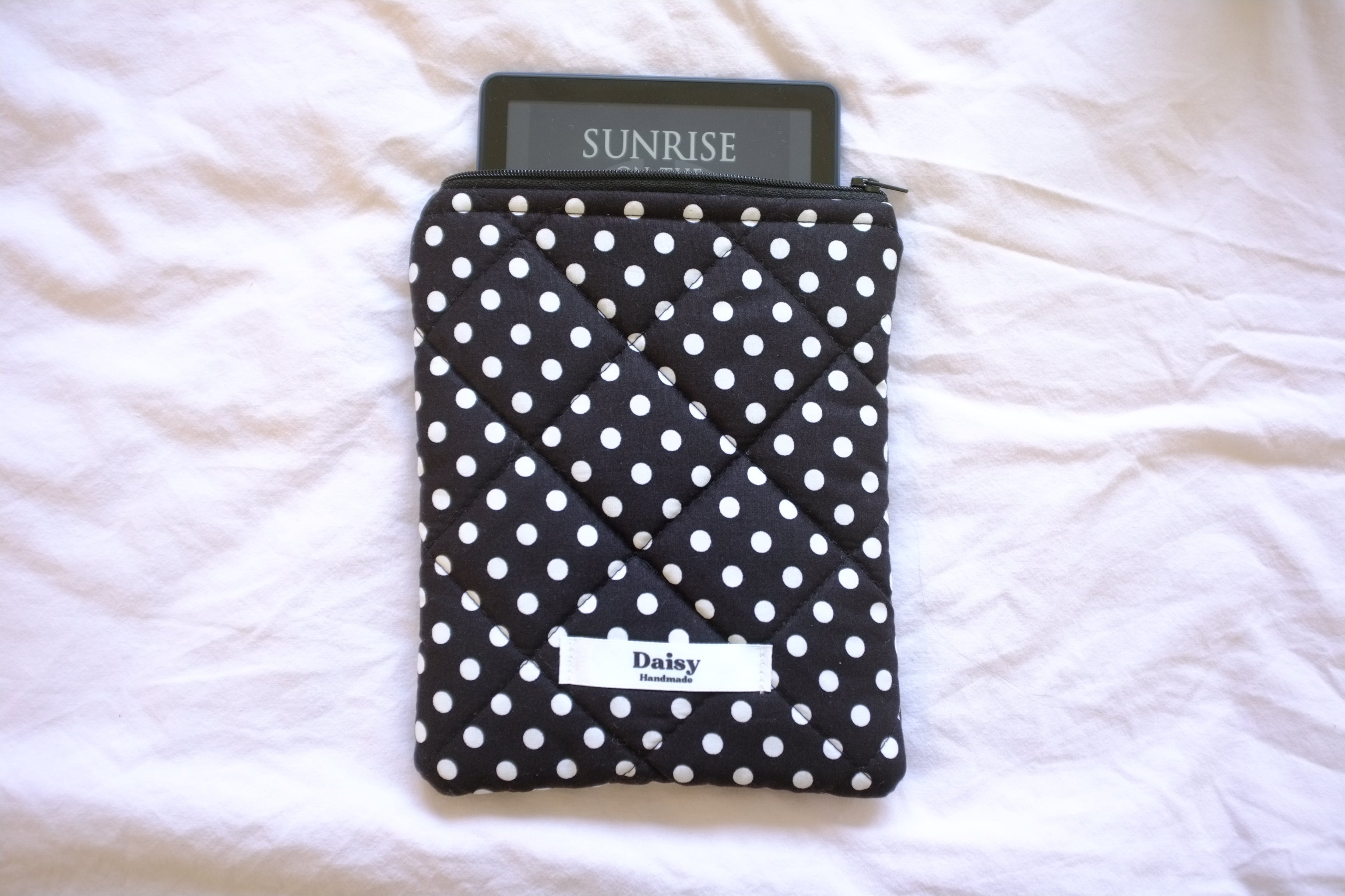 Quilted Kindle sleeve black polka dot