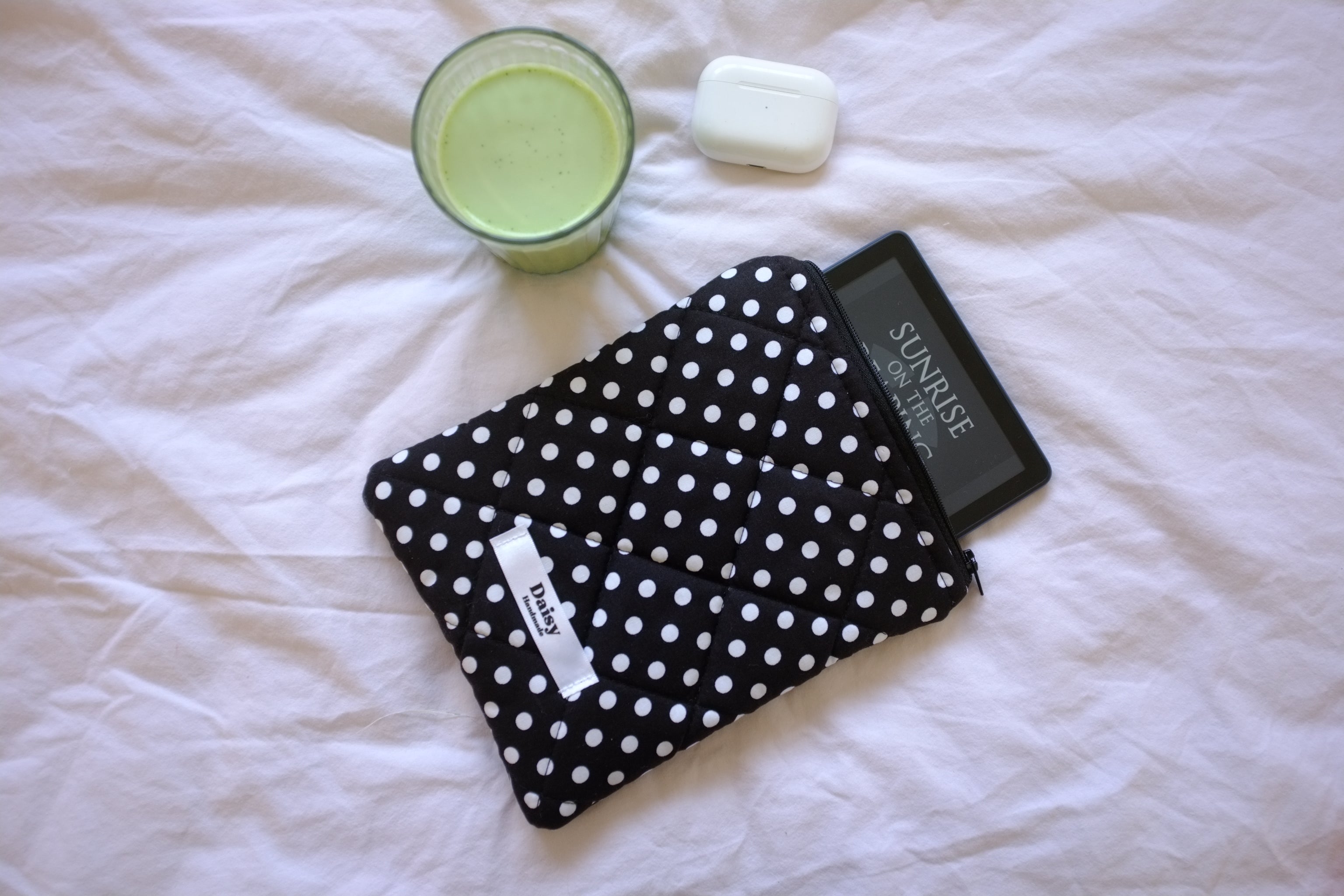 Quilted Kindle sleeve black polka dot