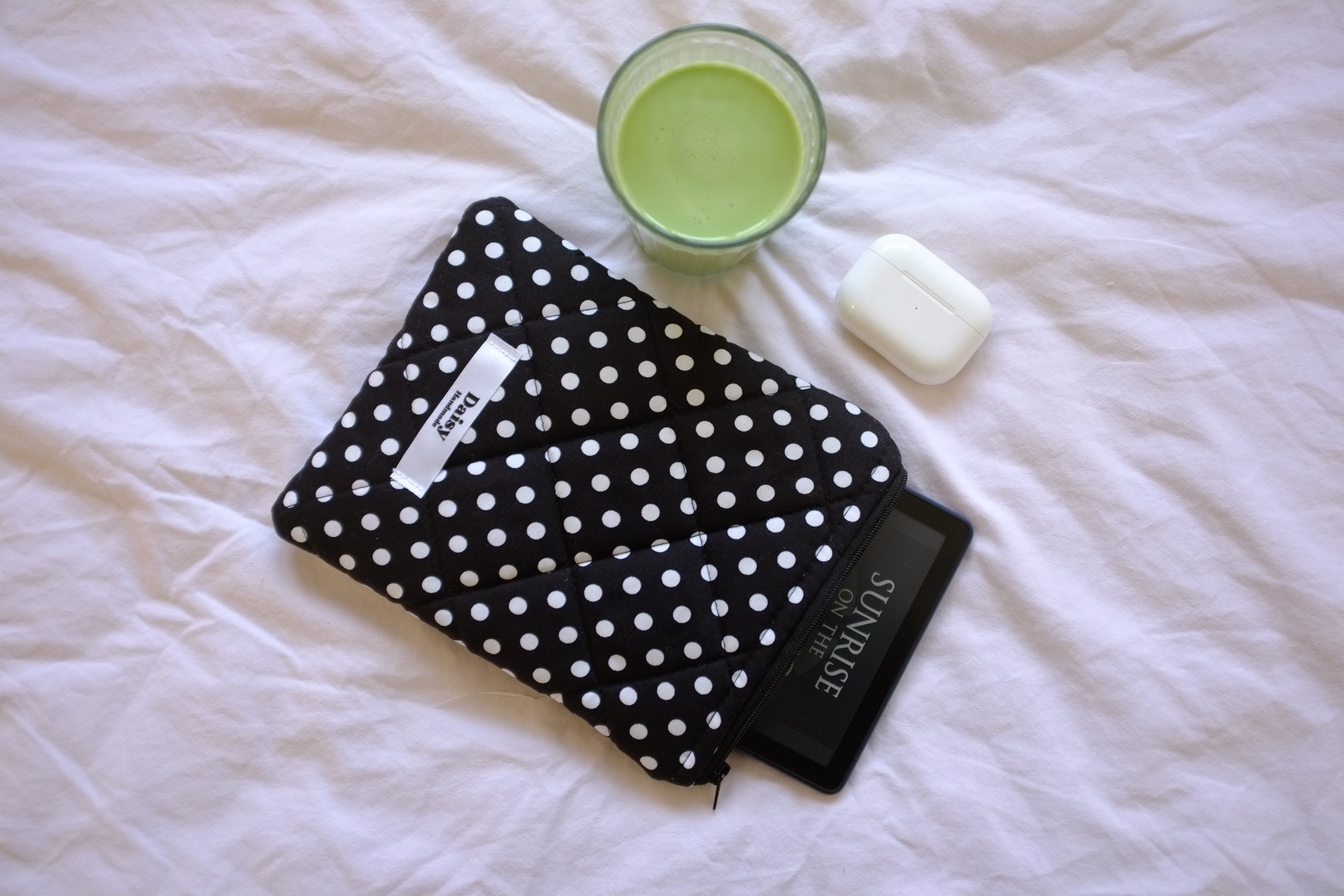 Quilted Kindle sleeve black polka dot