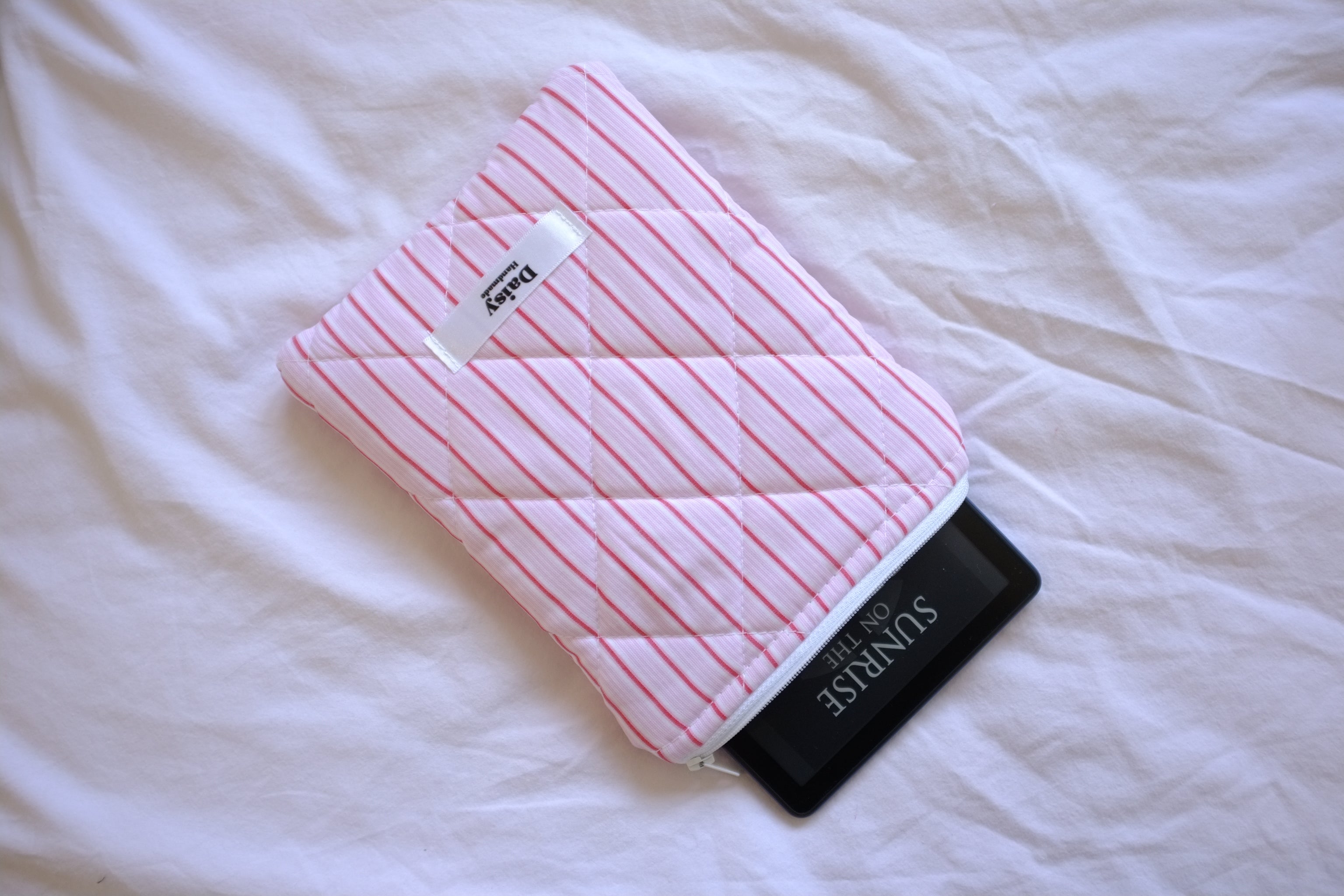 Quilted Kindle sleeve pink and red striple