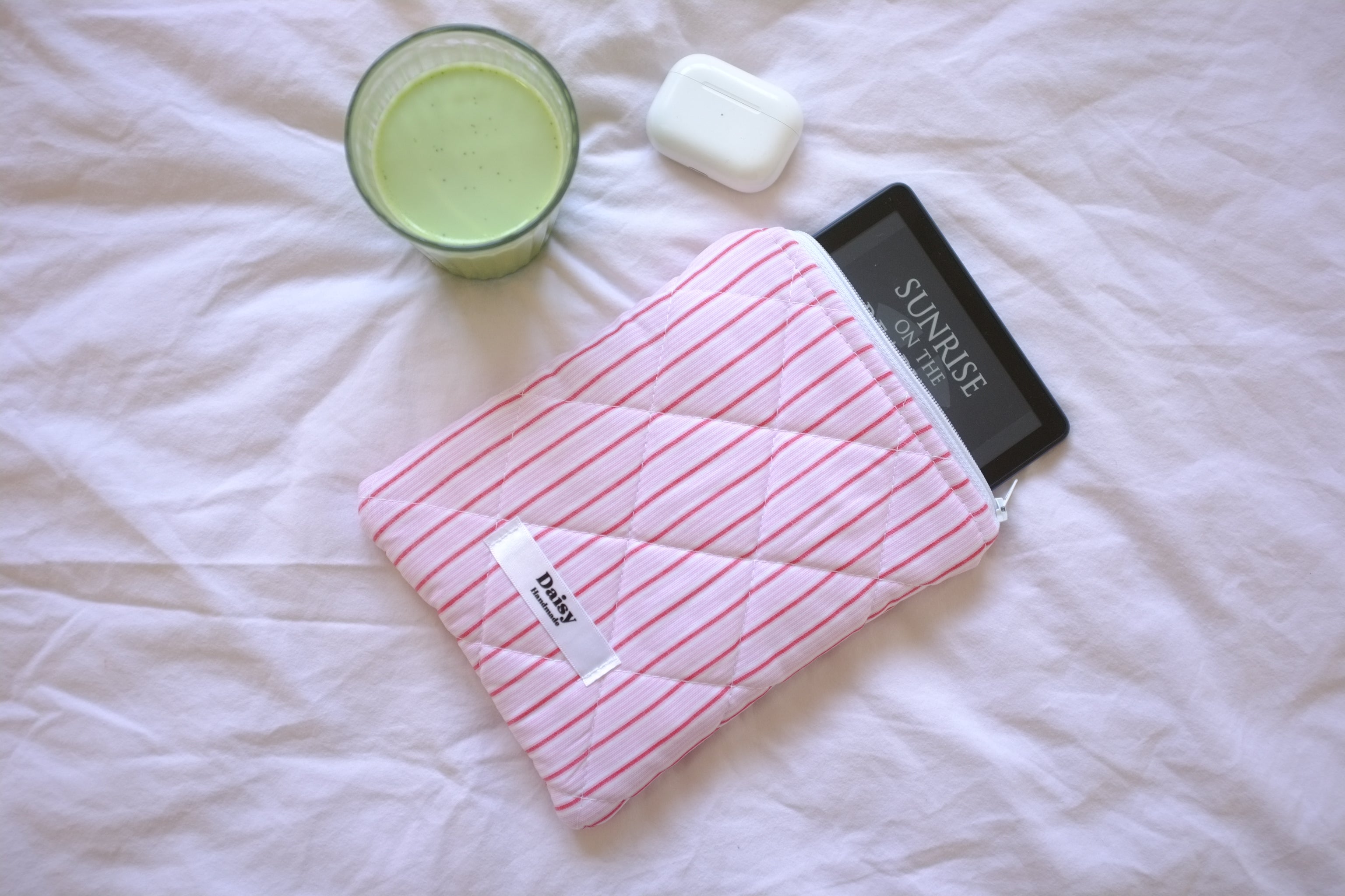 Quilted Kindle sleeve pink and red striple