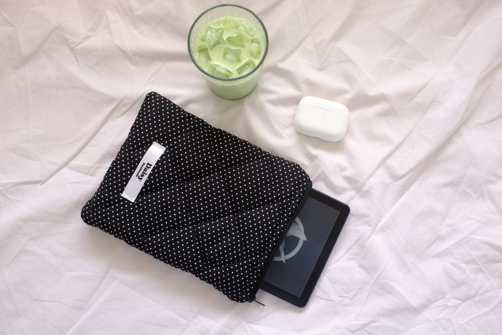 Quilted Kindle sleeve mini black polka dot