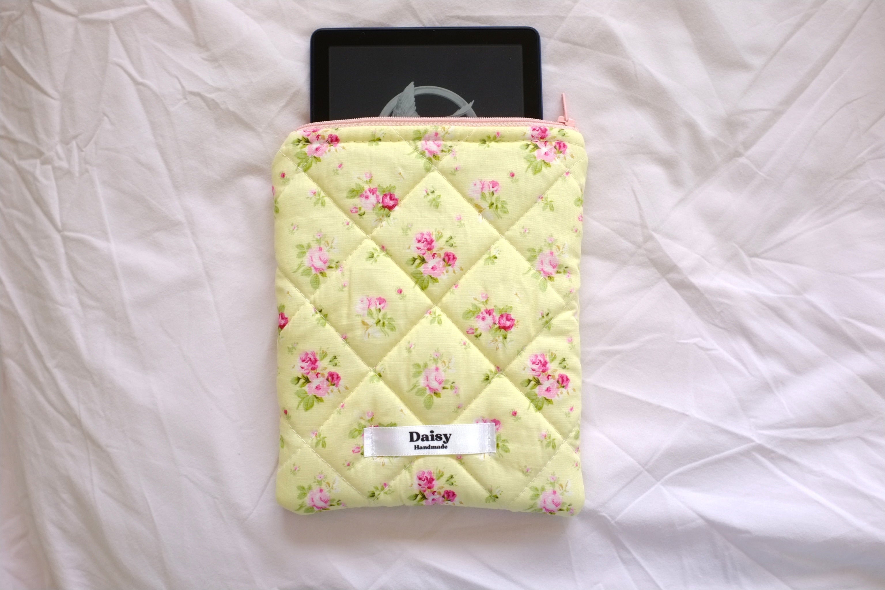 Quilted Kindle sleeve yellow pink rose