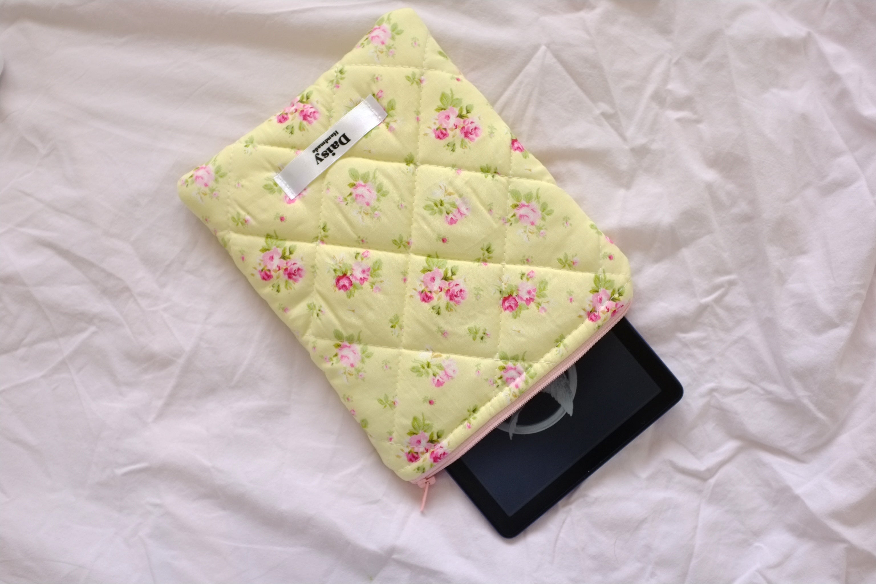 Quilted Kindle sleeve yellow pink rose