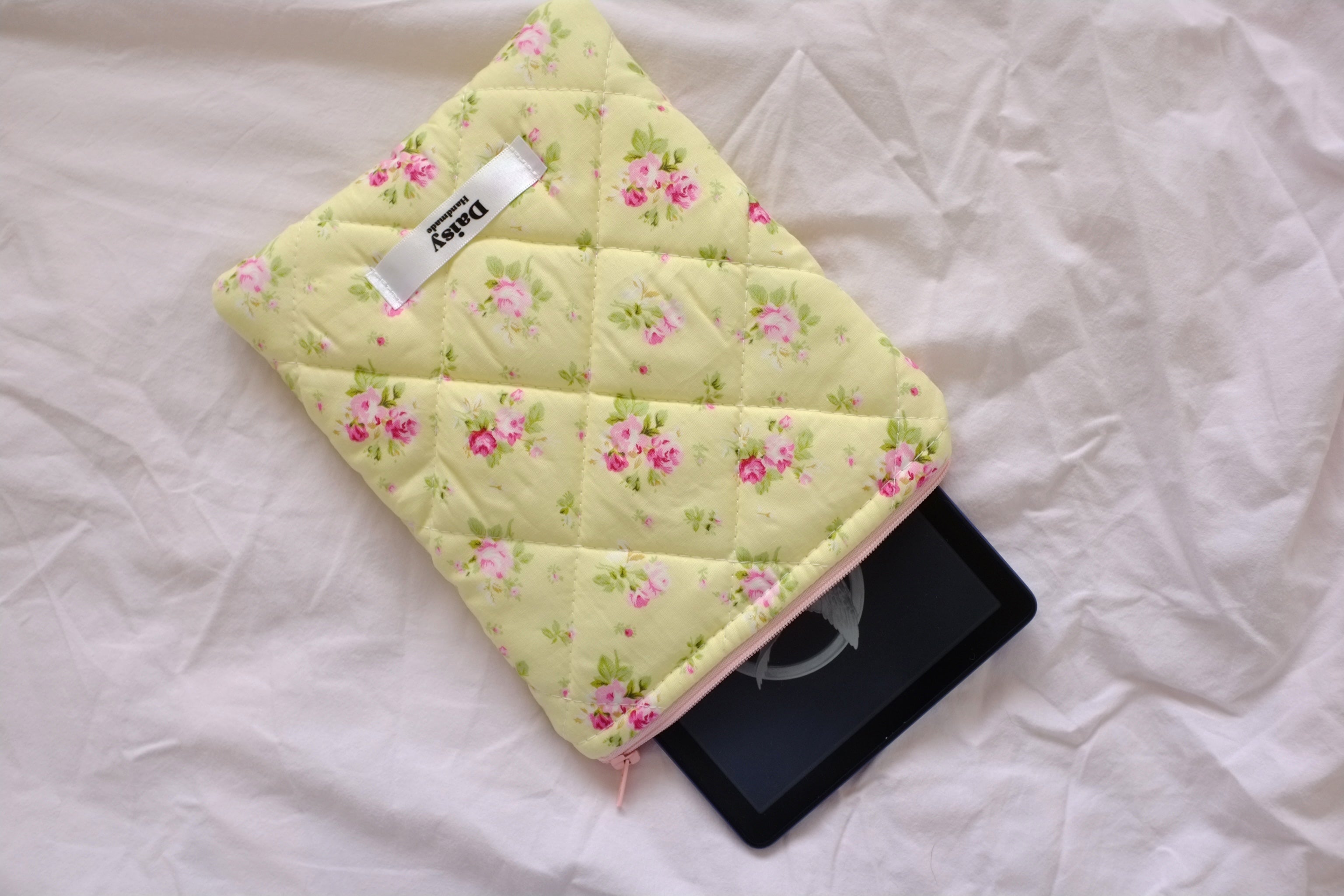 Quilted Kindle sleeve yellow pink rose