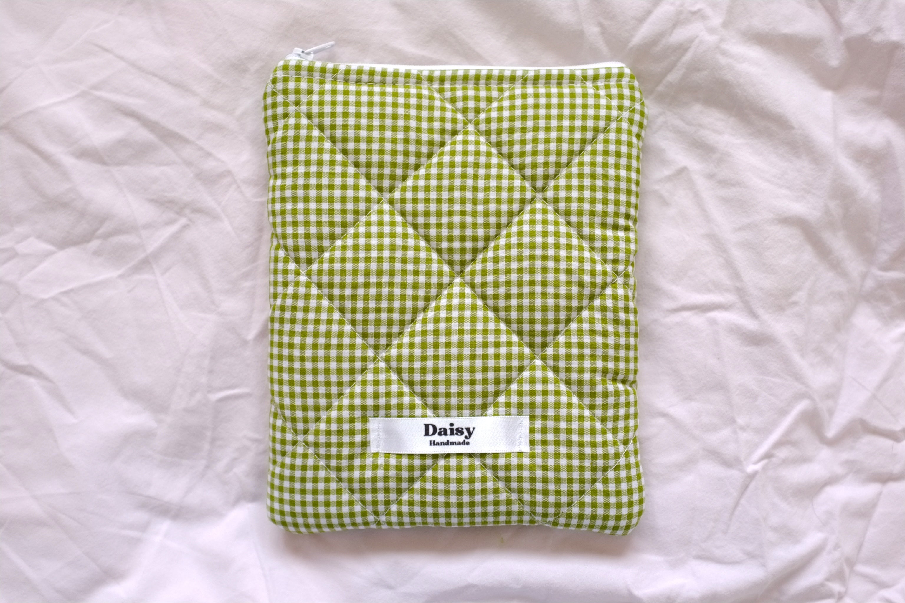 Quilted Kindle sleeve olive green mini gingham