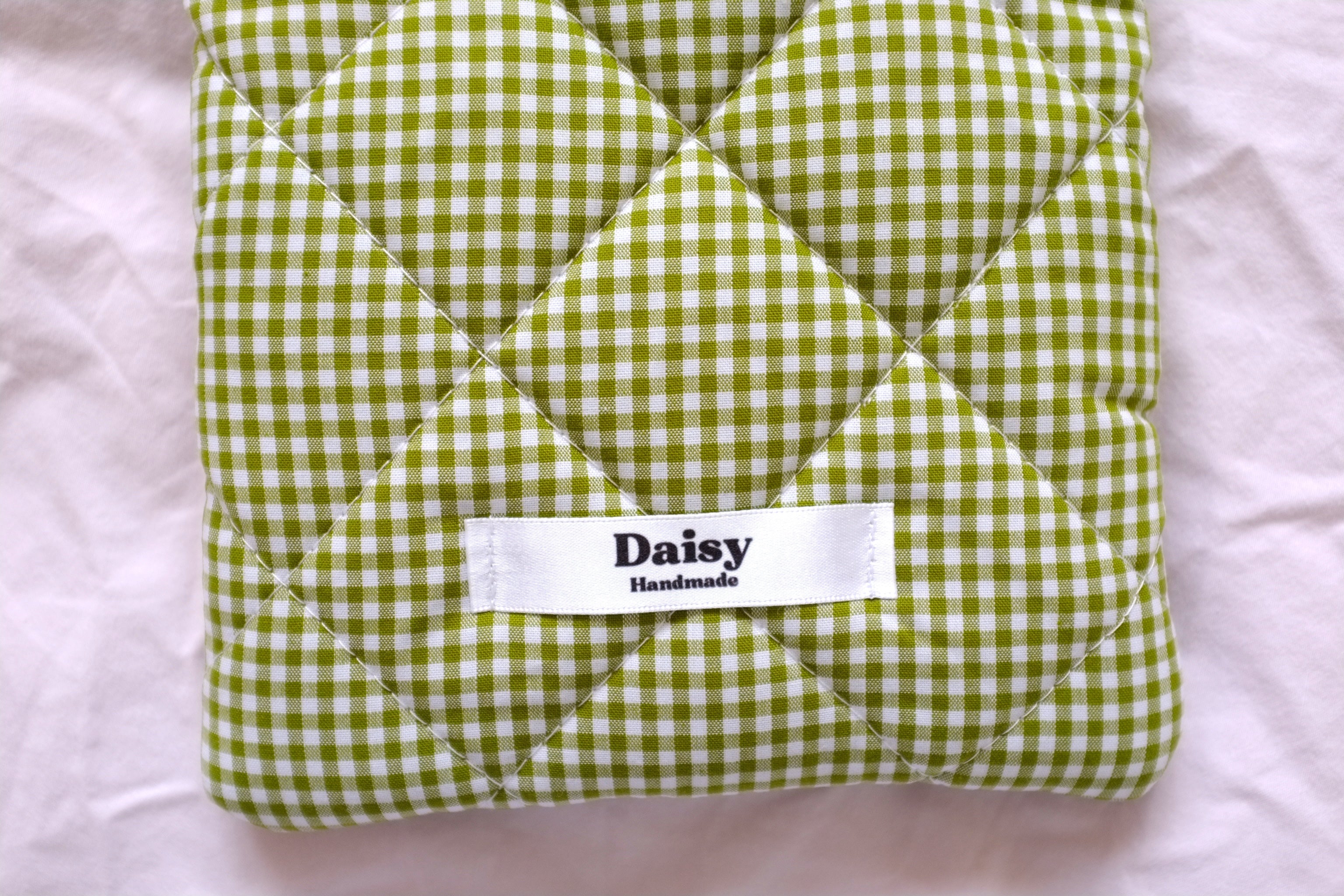 Quilted Kindle sleeve olive green mini gingham