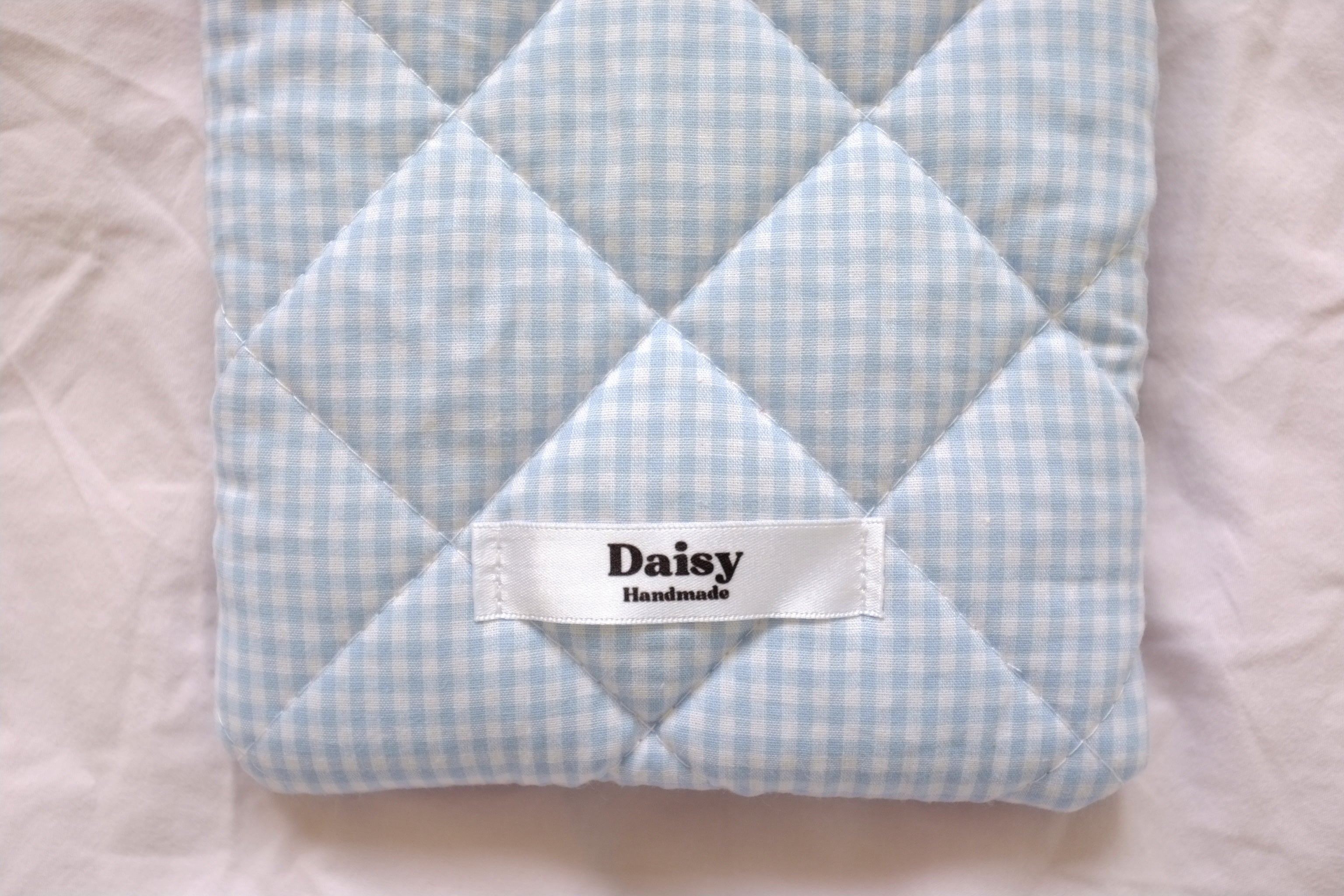 Quilted Kindle sleeve light blue mini gingham