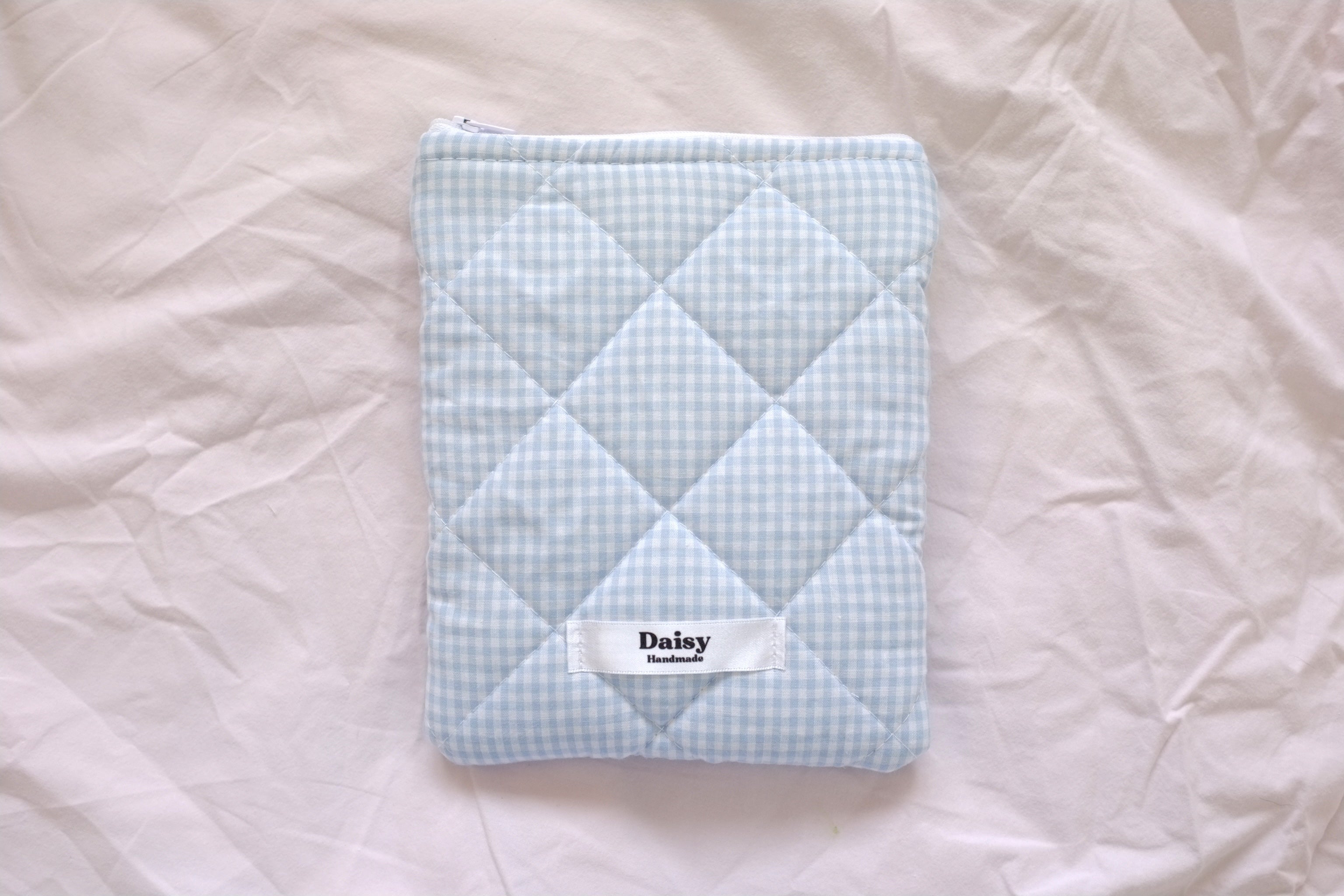 Quilted Kindle sleeve light blue mini gingham