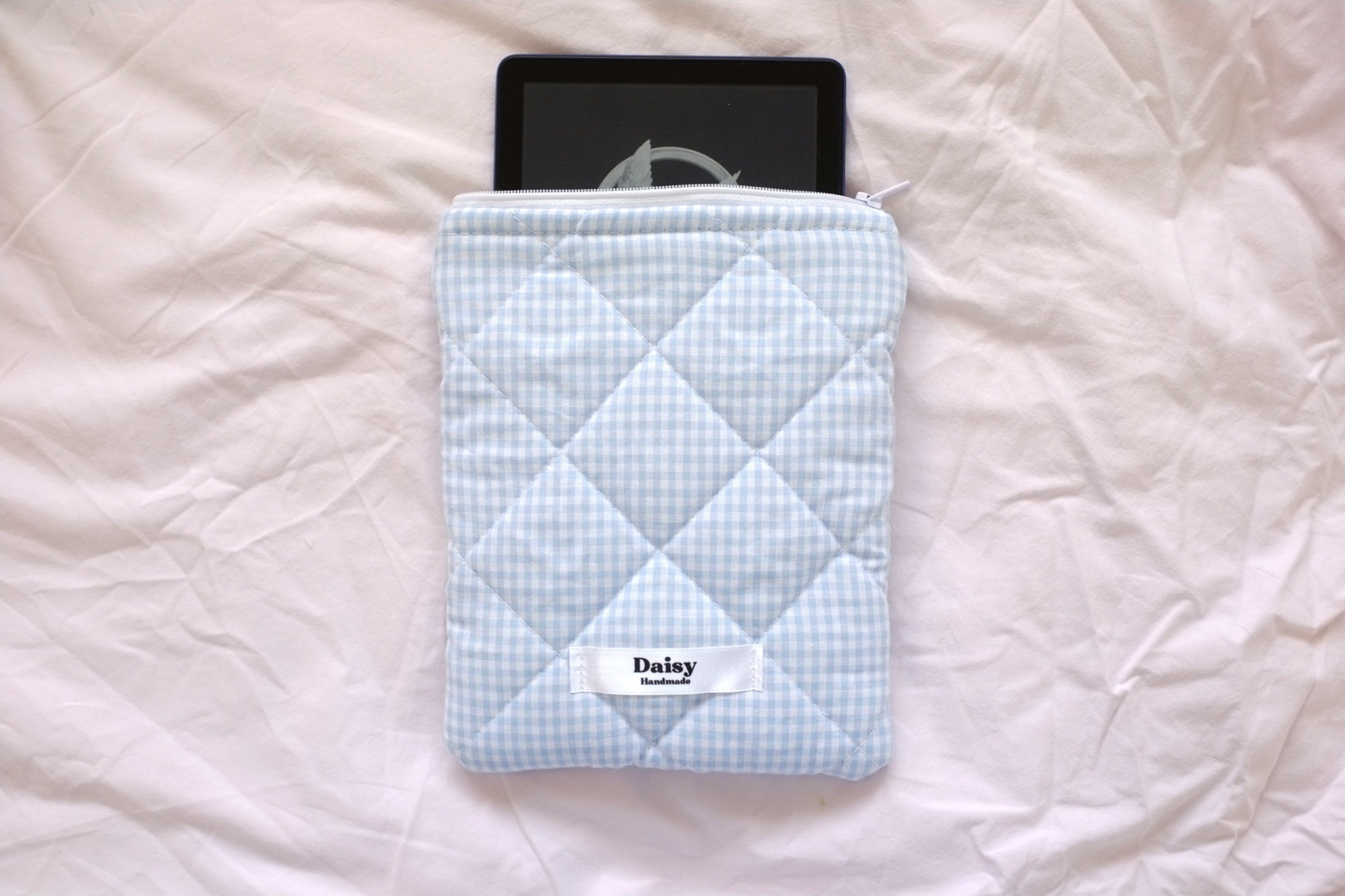 Quilted Kindle sleeve light blue mini gingham