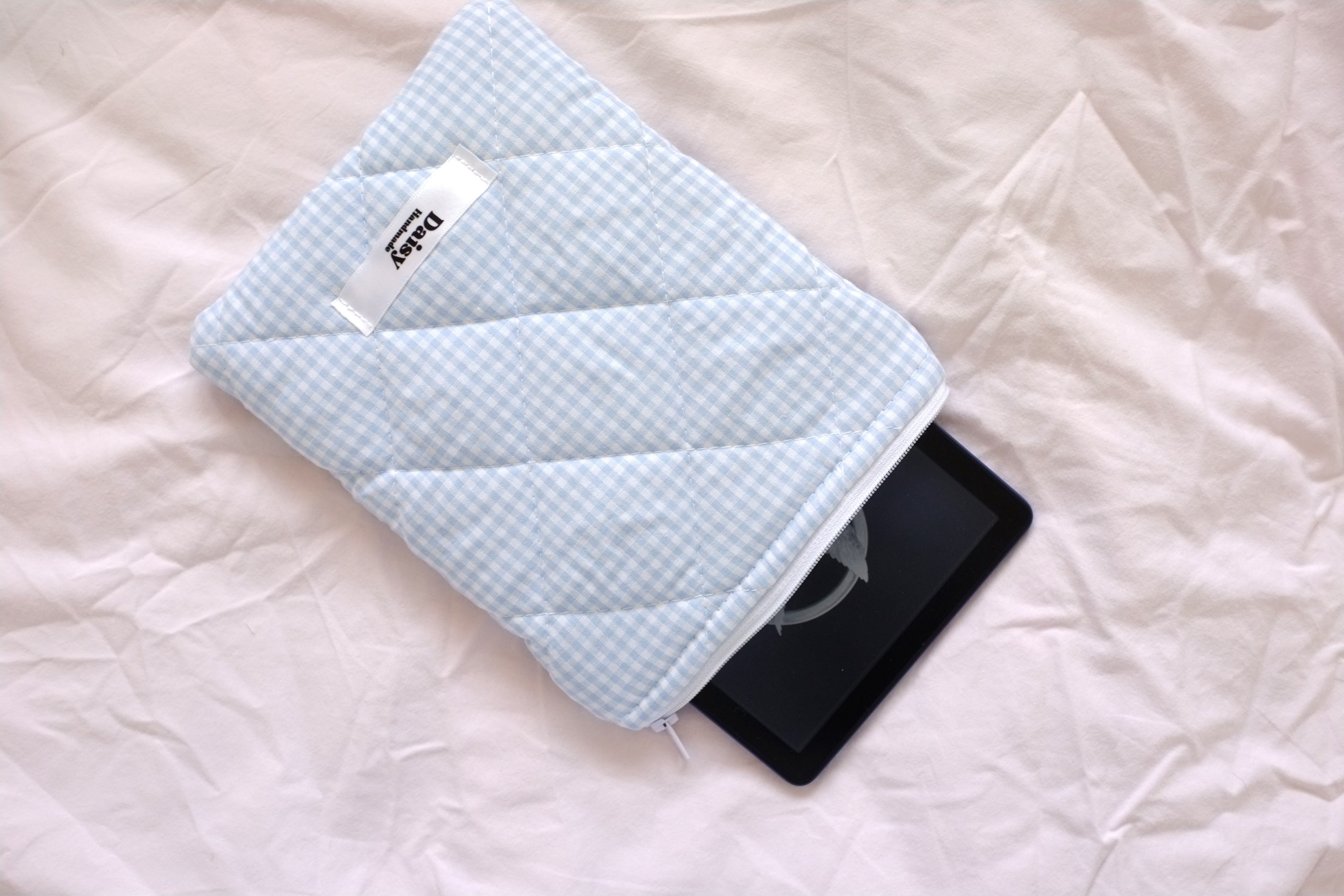 Quilted Kindle sleeve light blue mini gingham