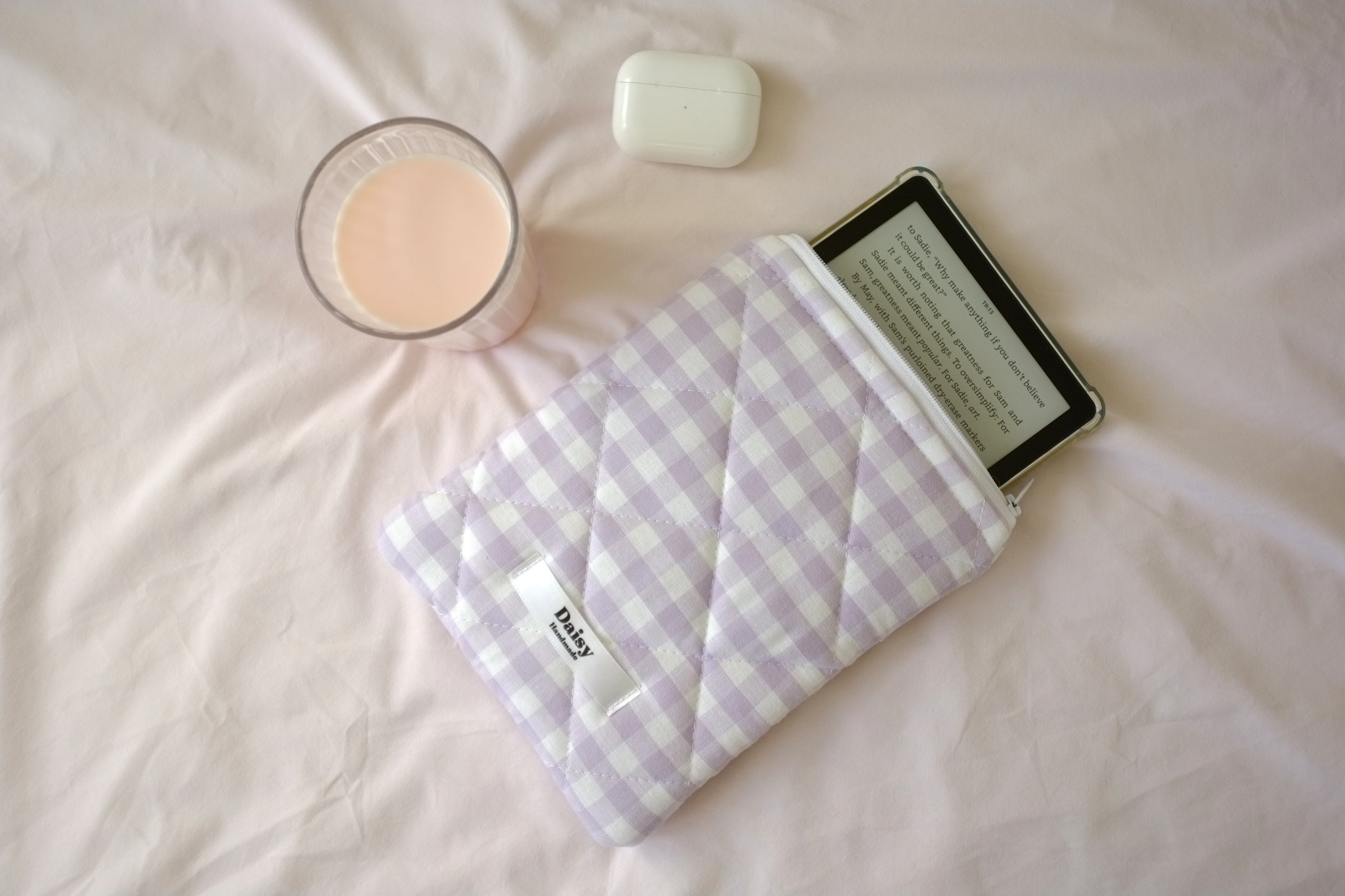 Quilted Kindle sleeve purple gingham