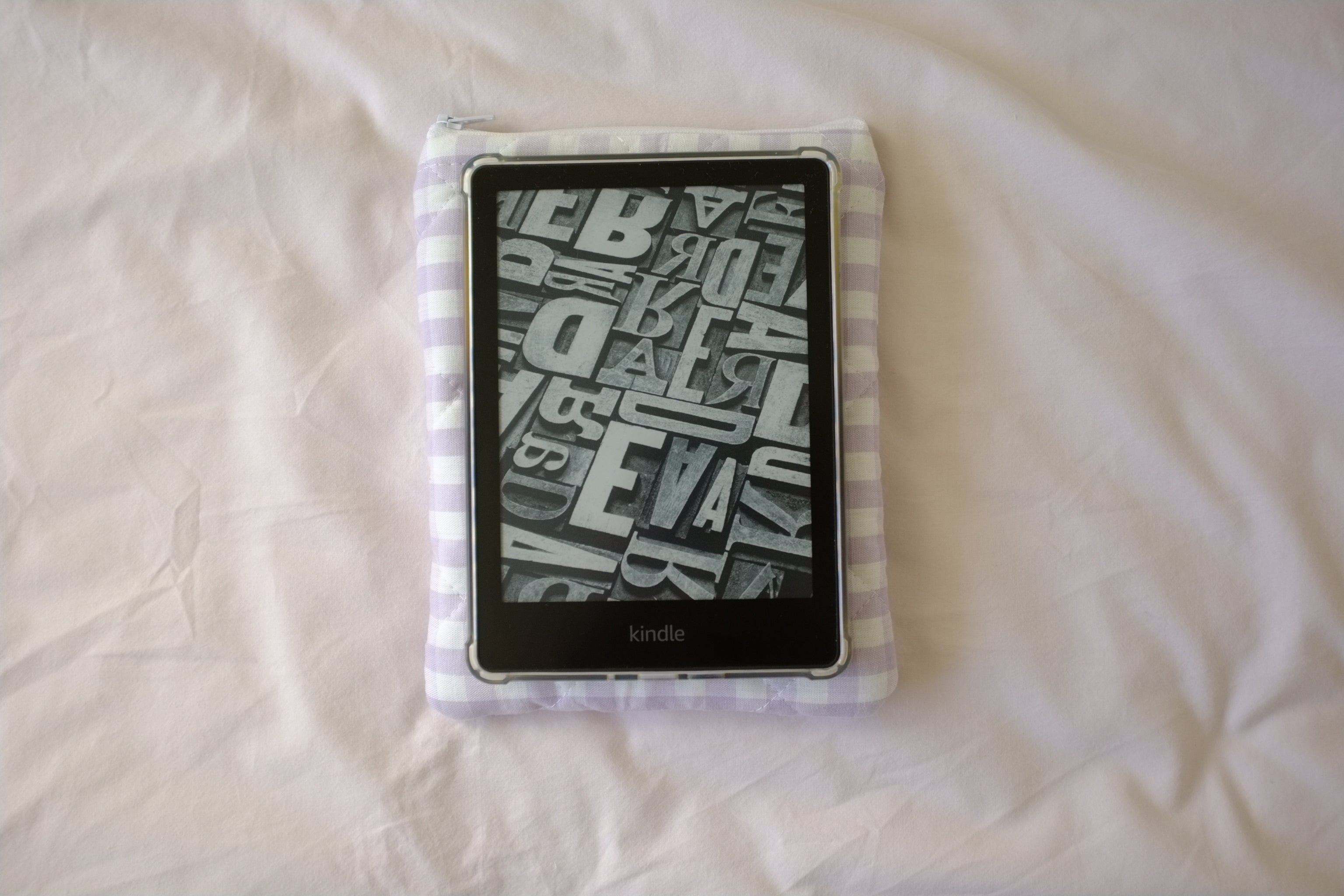 Quilted Kindle sleeve purple gingham