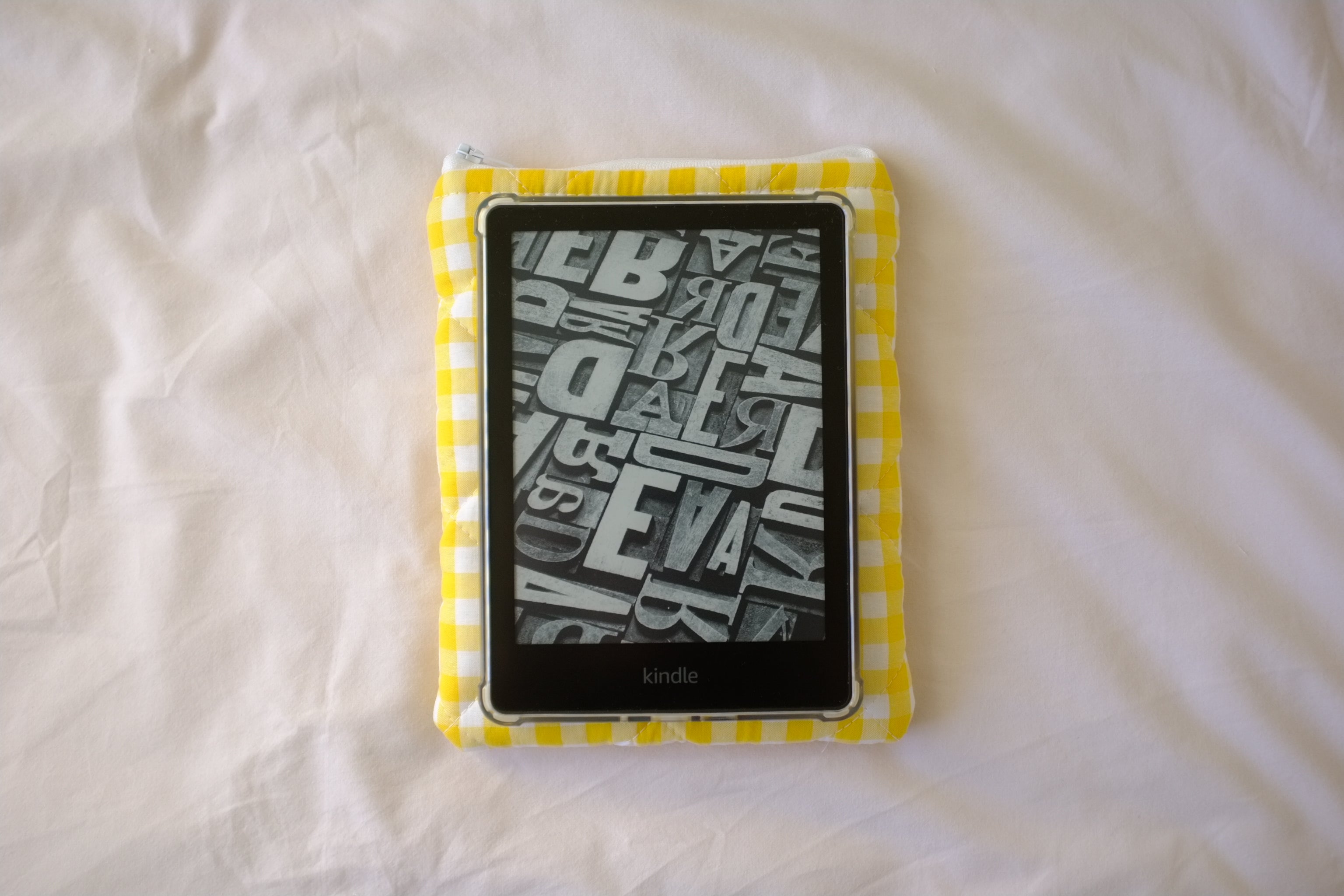 Quilted Kindle sleeve yellow gingham