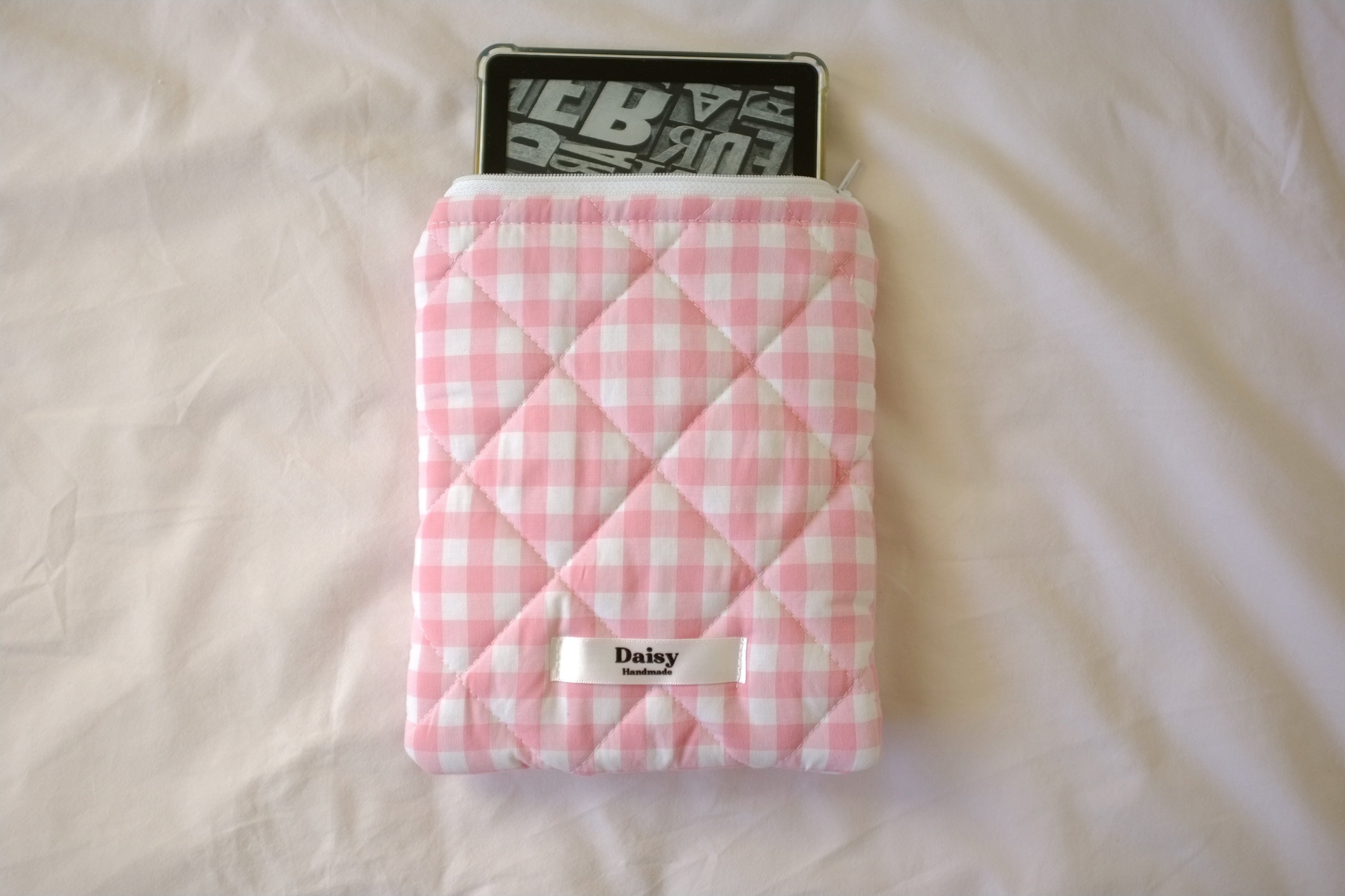 Quilted Kindle sleeve pink gingham