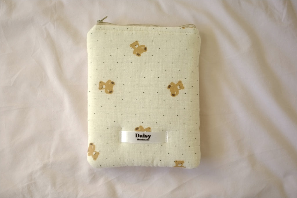 Quilted Kindle sleeve teddy bear muslin