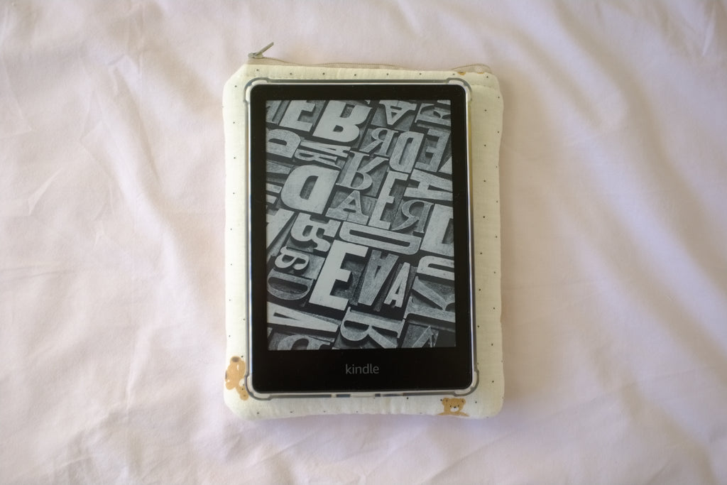 Quilted Kindle sleeve teddy bear muslin