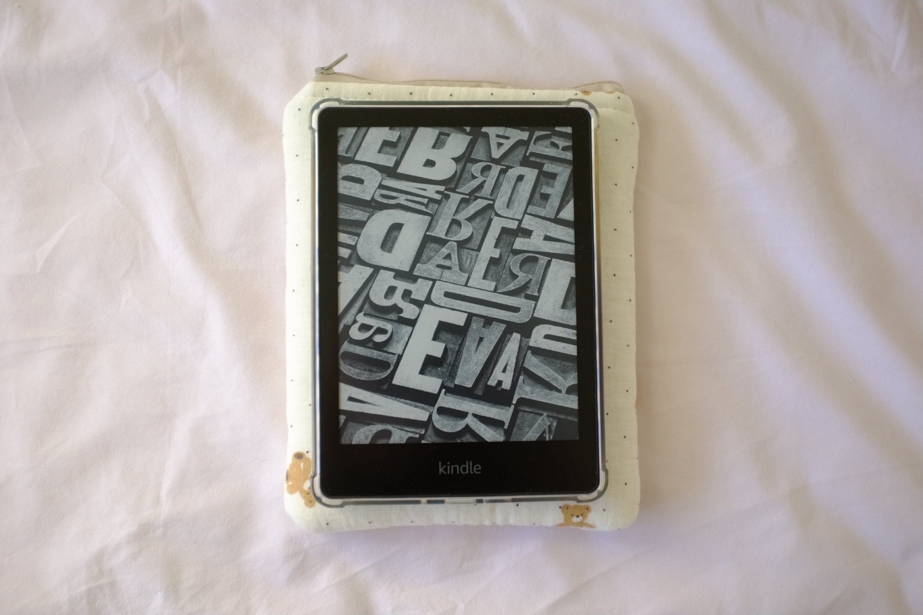 Quilted Kindle sleeve teddy bear muslin