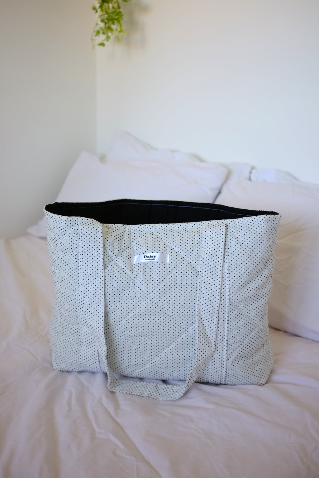 Quilted Tote Bag white and black tiny polka dot
