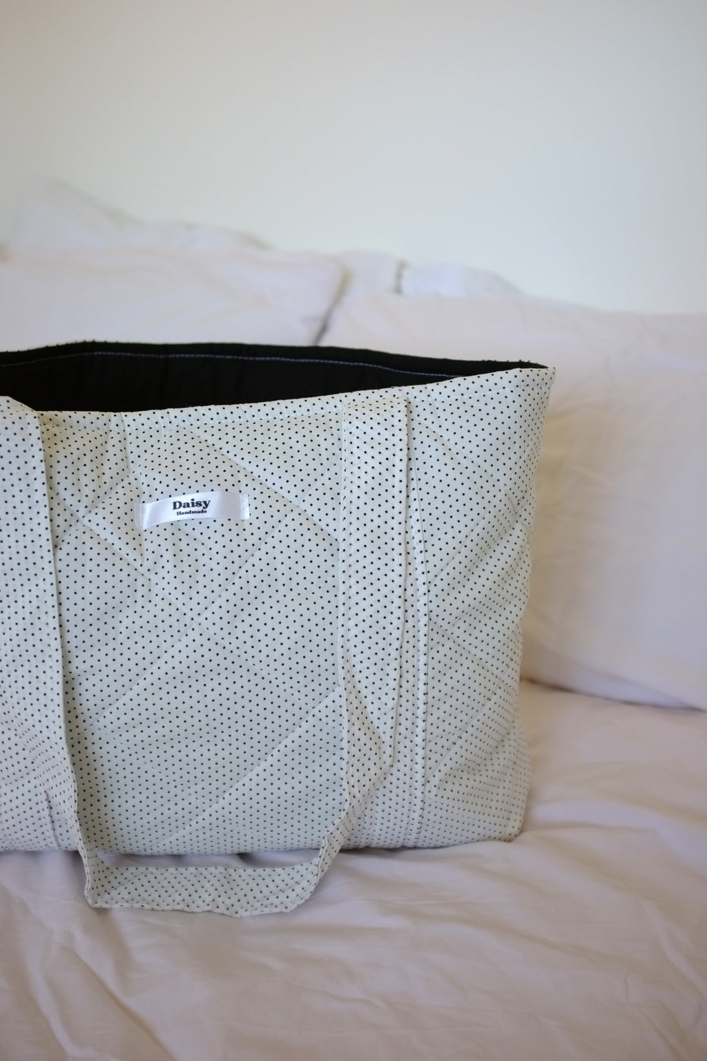 Quilted Tote Bag white and black tiny polka dot