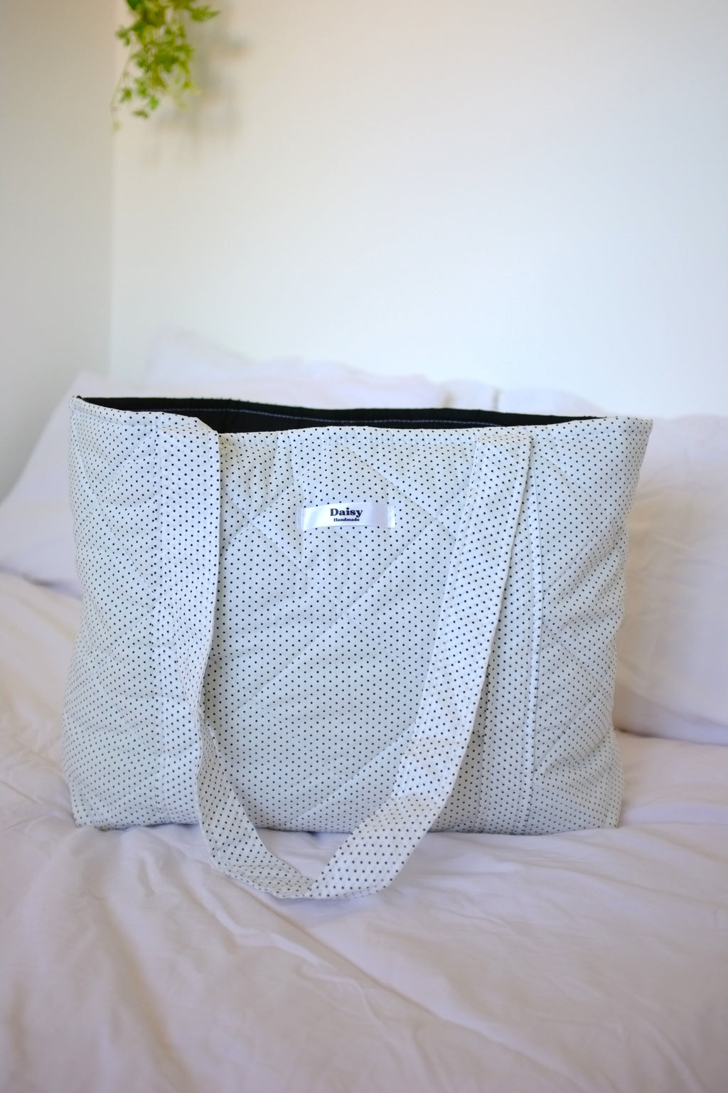 Quilted Tote Bag white and black tiny polka dot