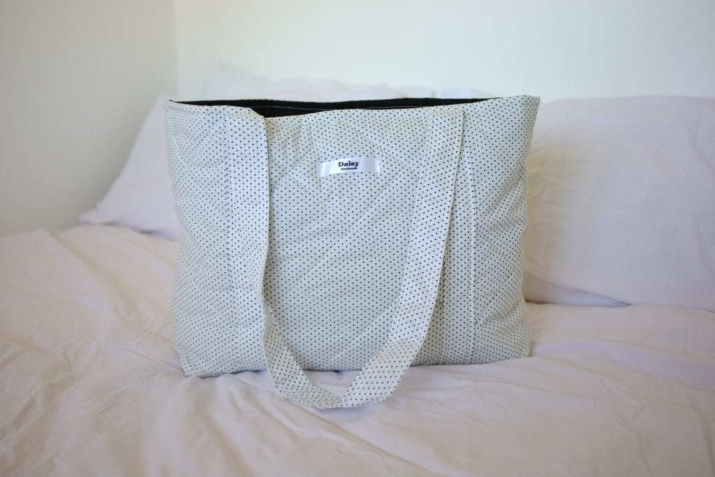 Quilted Tote Bag white and black tiny polka dot