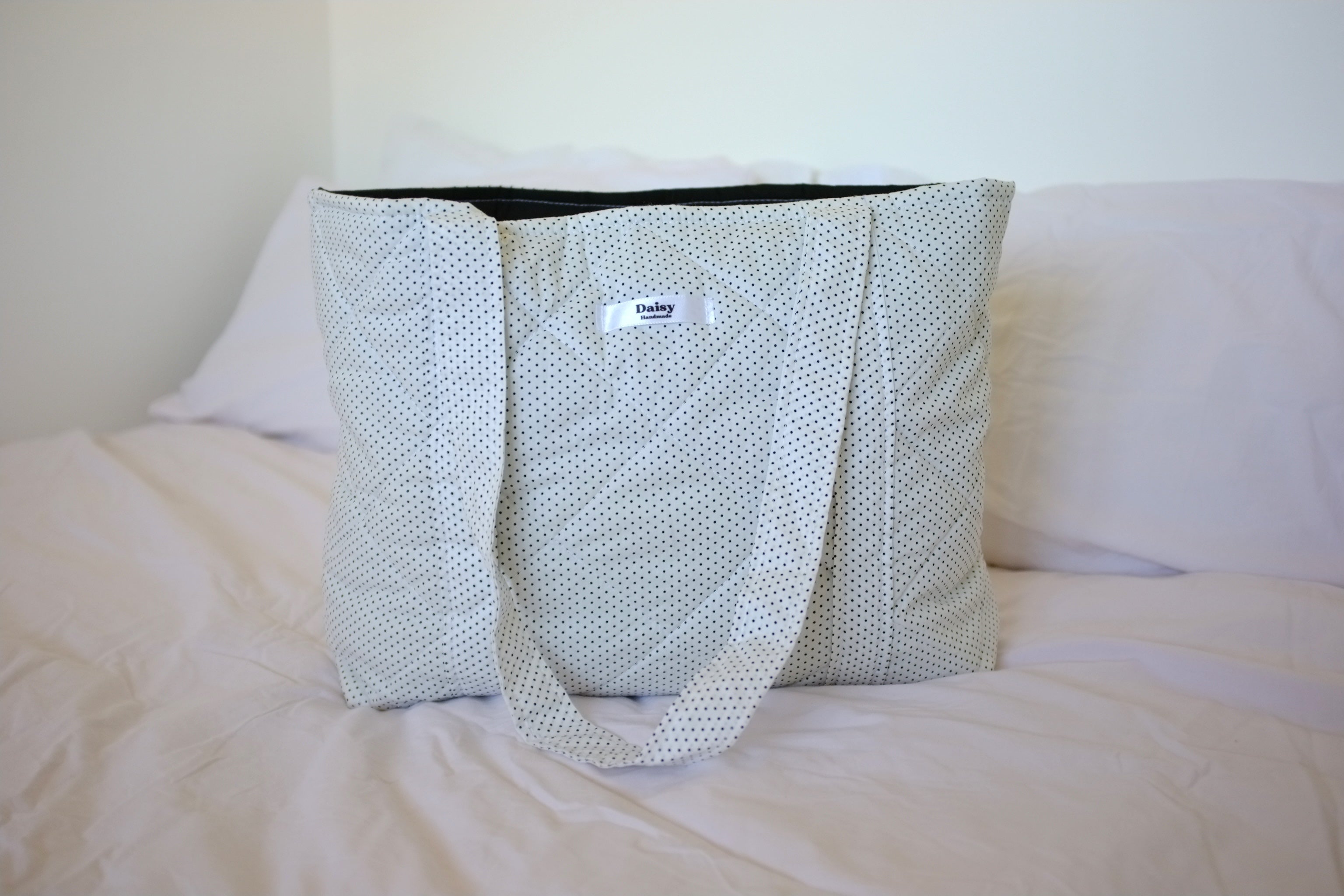 Quilted Tote Bag white and black tiny polka dot