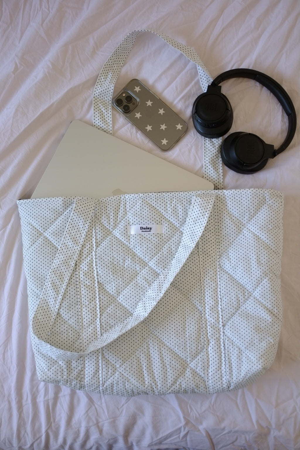 Quilted Tote Bag white and black tiny polka dot