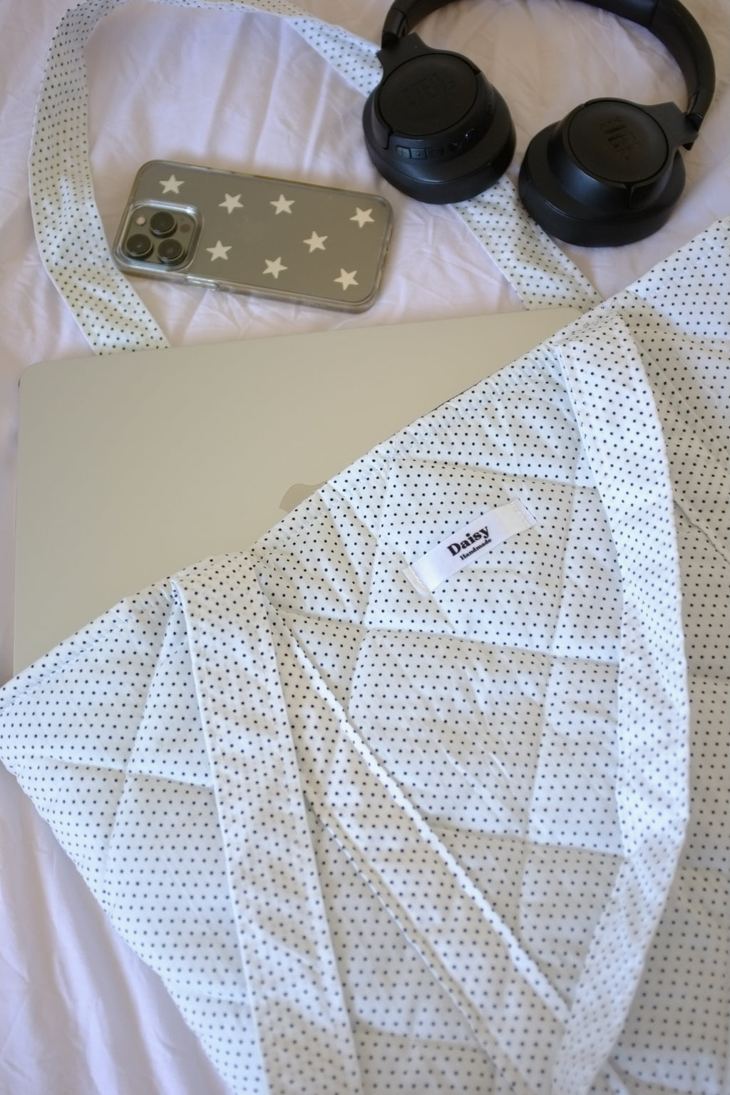 Quilted Tote Bag white and black tiny polka dot