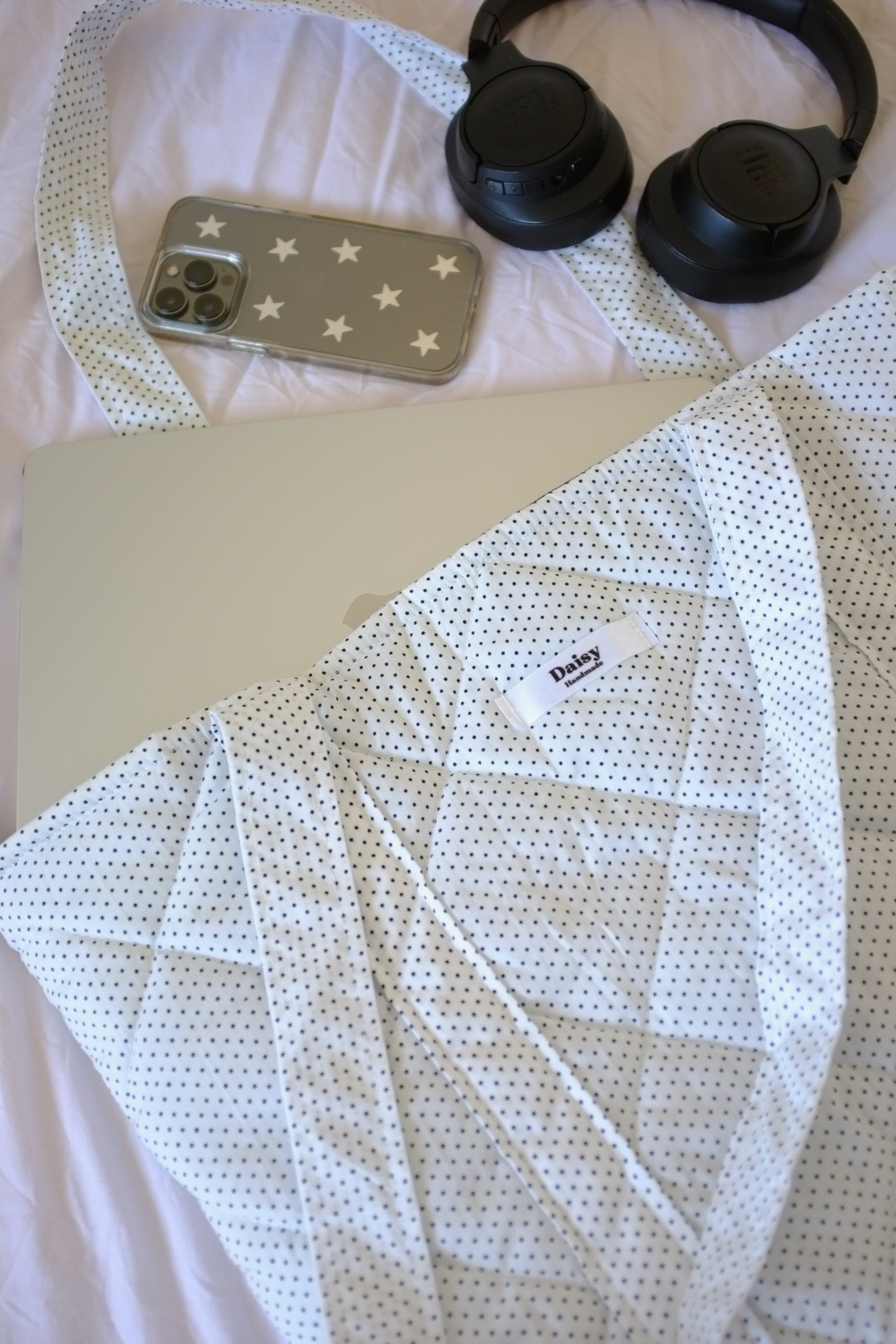 Quilted Tote Bag white and black tiny polka dot