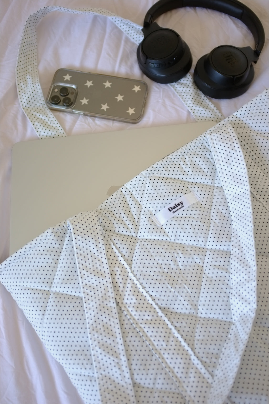 Quilted Tote Bag white and black tiny polka dot