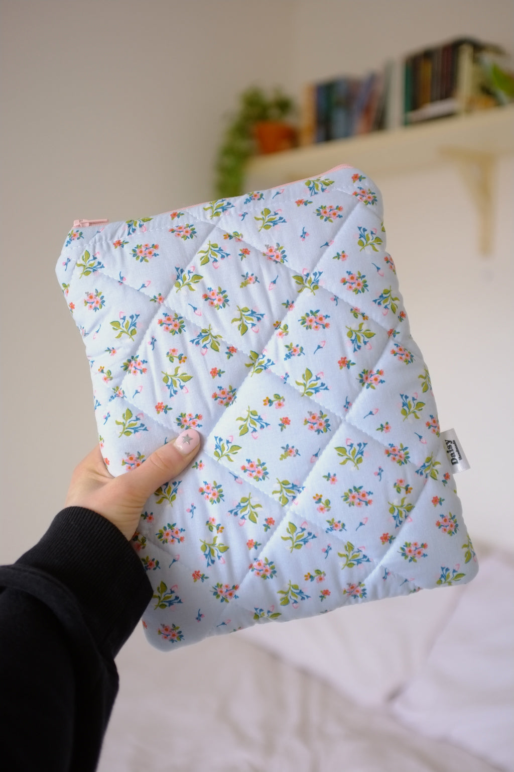 Quilted blue floral book sleeve