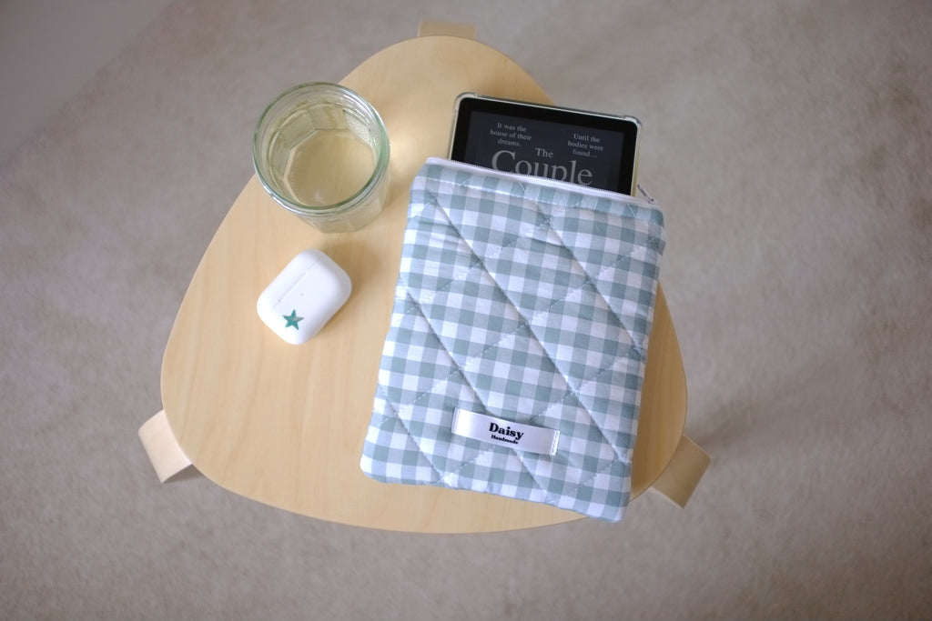 Quilted Kindle sleeve duck egg blue teal gingham