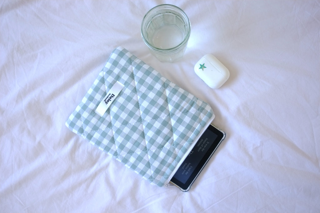 Quilted Kindle sleeve duck egg blue teal gingham