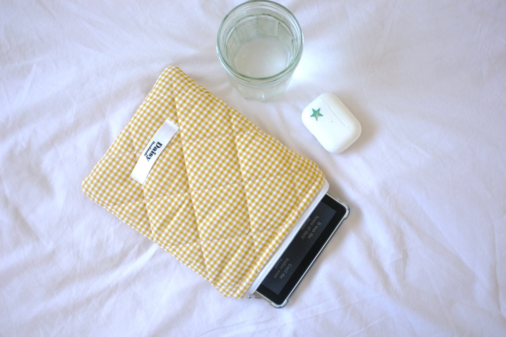 Quilted Kindle sleeve mustard yellow mini gingham