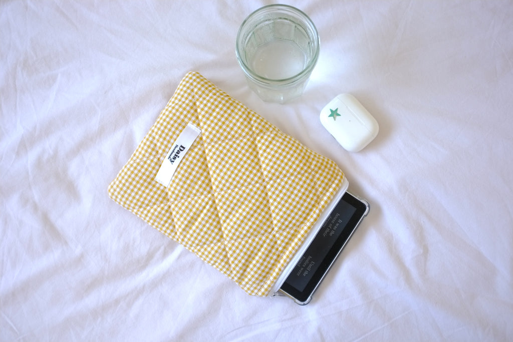 Quilted Kindle sleeve mustard yellow mini gingham