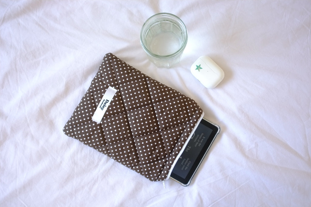 Quilted Kindle sleeve mini brown polka dot
